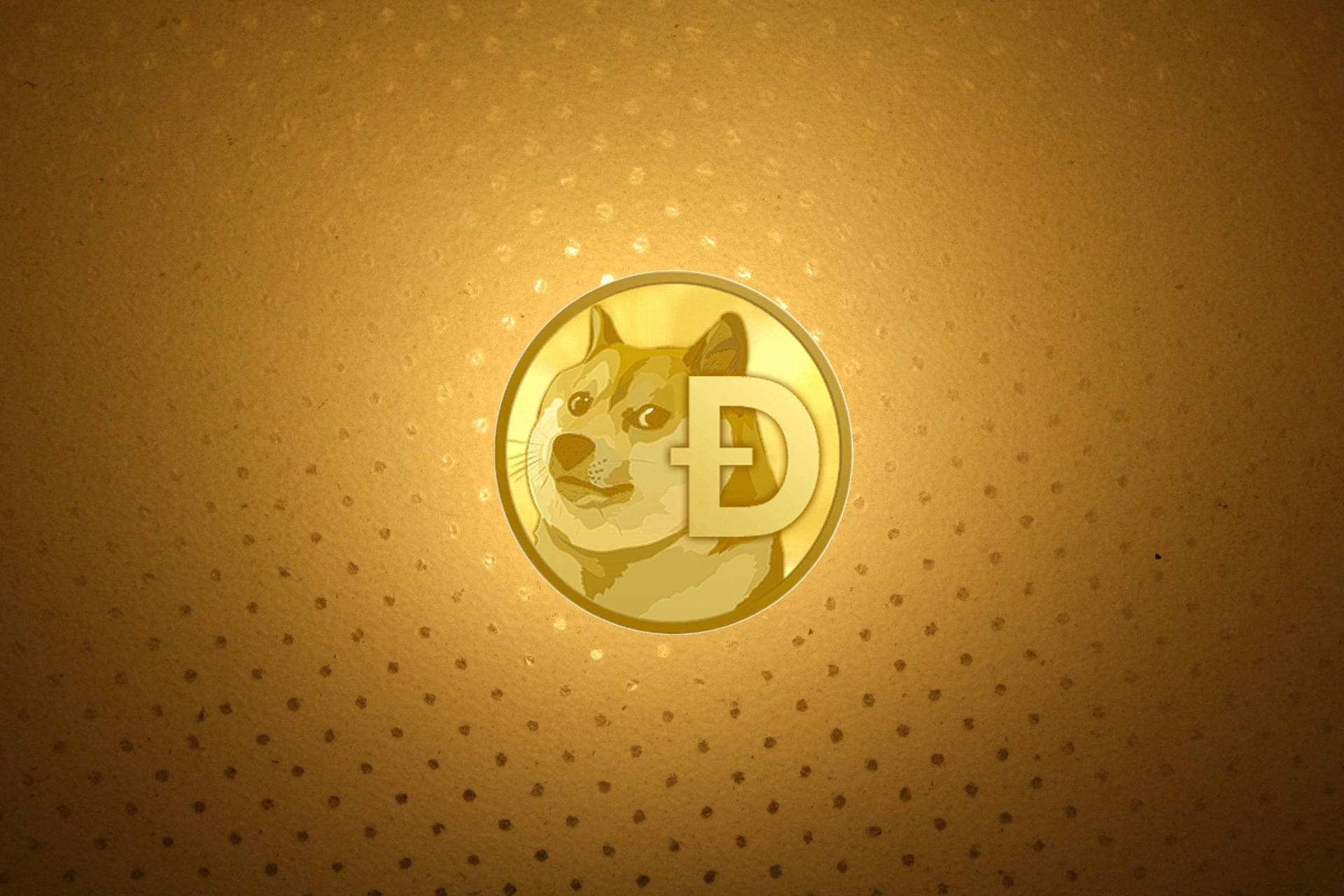 金色Dogecoin標誌喺有紋理背景上發光。