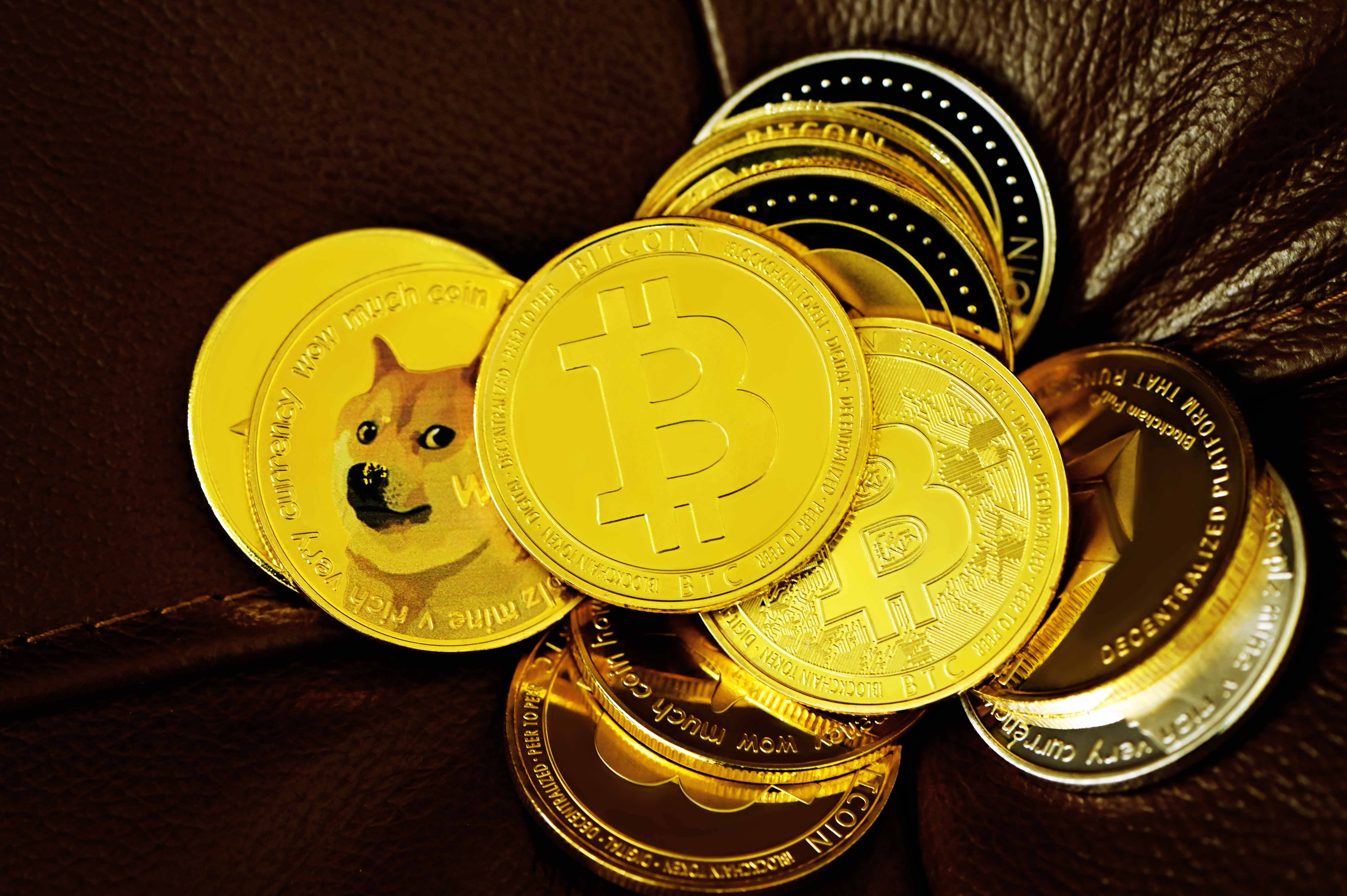 狗狗幣與比特幣加密貨幣 壁紙 — 金色比特幣和狗狗幣代幣堆放在深棕色皮革上，配有溫暖的燈光。