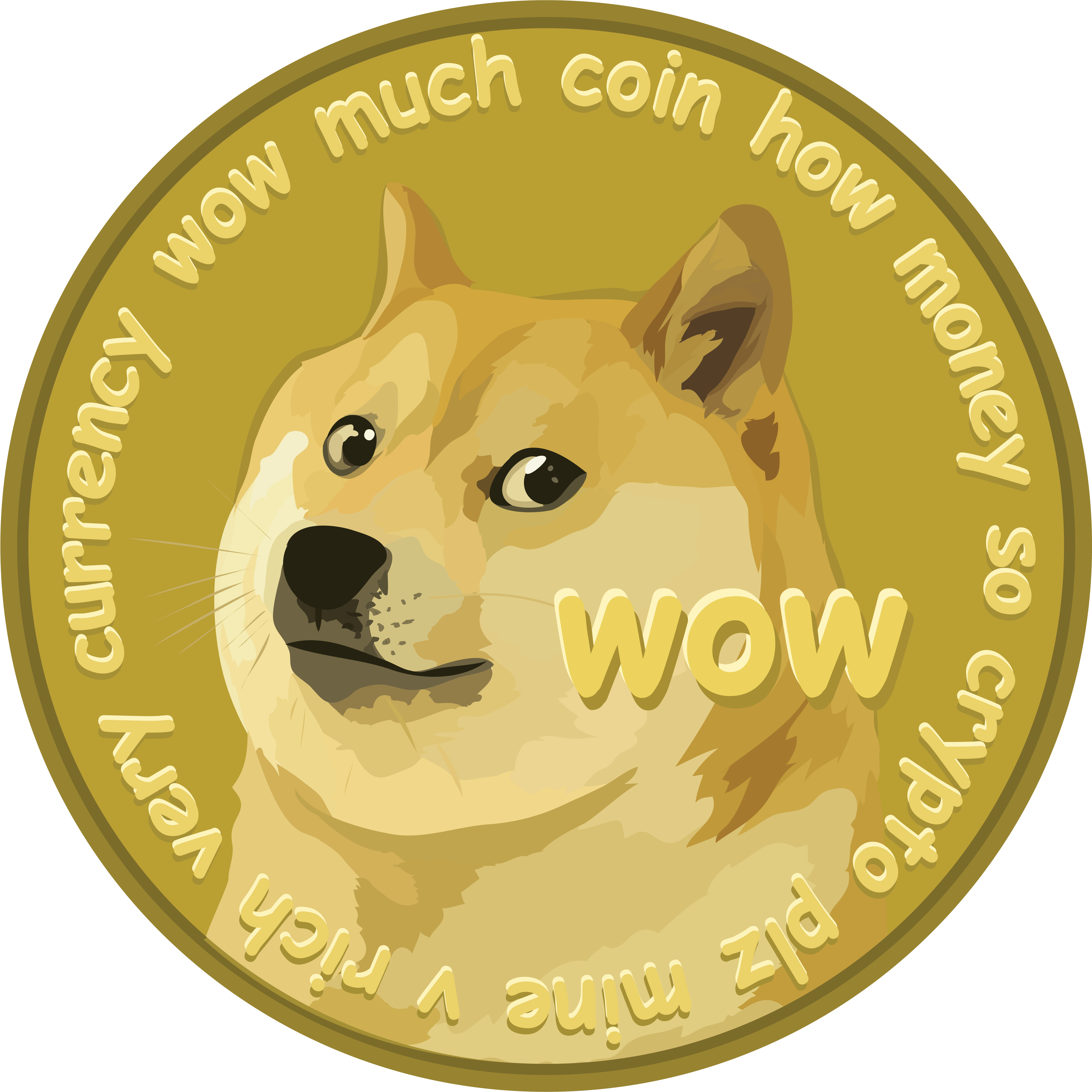 狗狗幣迷因加密貨幣 壁紙 — 一枚金幣上有一隻柴犬，邊緣有 WOW 字樣及加密貨幣相關文字。