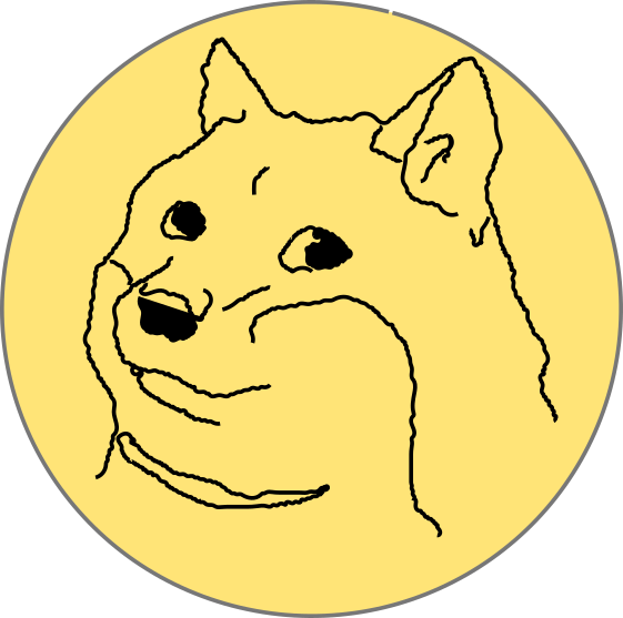 狗狗幣迷因加密貨幣標誌 壁紙 — 一個簡單的黑色線條繪畫，畫著一隻狗的臉，帶著自鳴得意的表情，背景是明亮的黃色圓形。