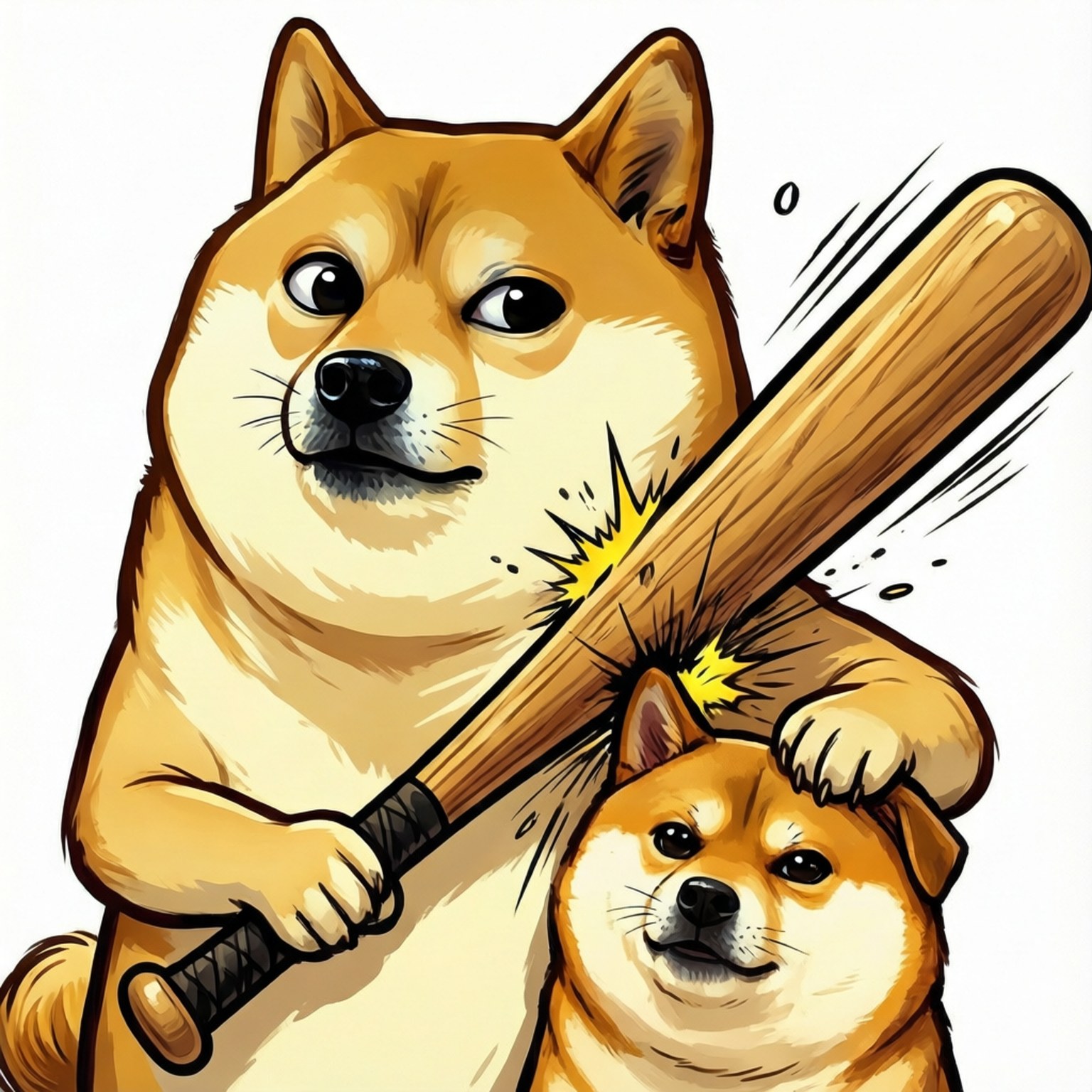 狗狗撞擊漫畫 壁紙 — 卡通柴犬揮動棒球棍擊向另一隻柴犬，帶有漫畫般的撞擊火花。