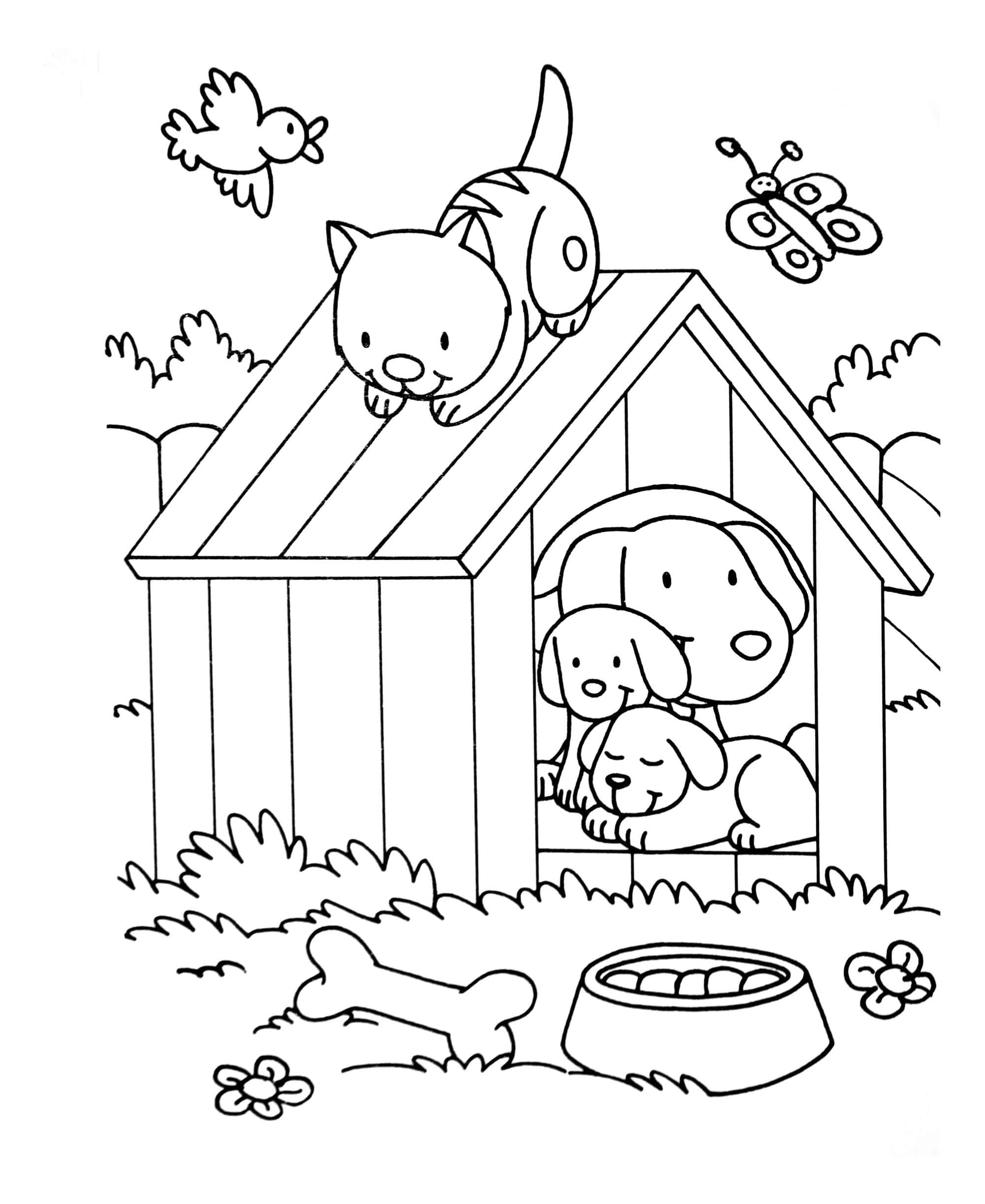 狗狗與貓咪塗色圖 壁紙 — 三隻卡通狗在木製狗屋裡打盹，一隻貓和一隻鳥棲息在屋頂上，一隻蝴蝶在附近飛舞。
