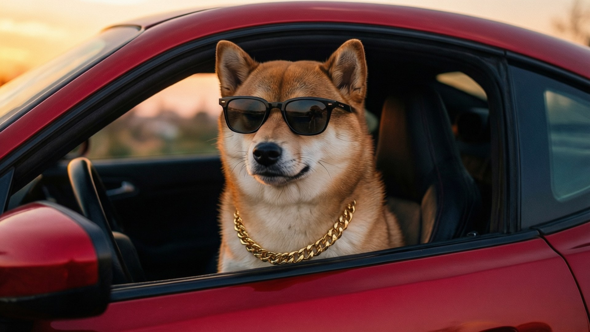 棕褐色柴犬戴著太陽眼鏡和金鏈在紅色跑車中於日落時分