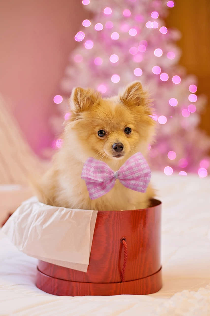 毛茸茸的博美犬在紅色禮物盒中，戴著粉紅色蝴蝶結，身後有粉紅色燈飾樹。