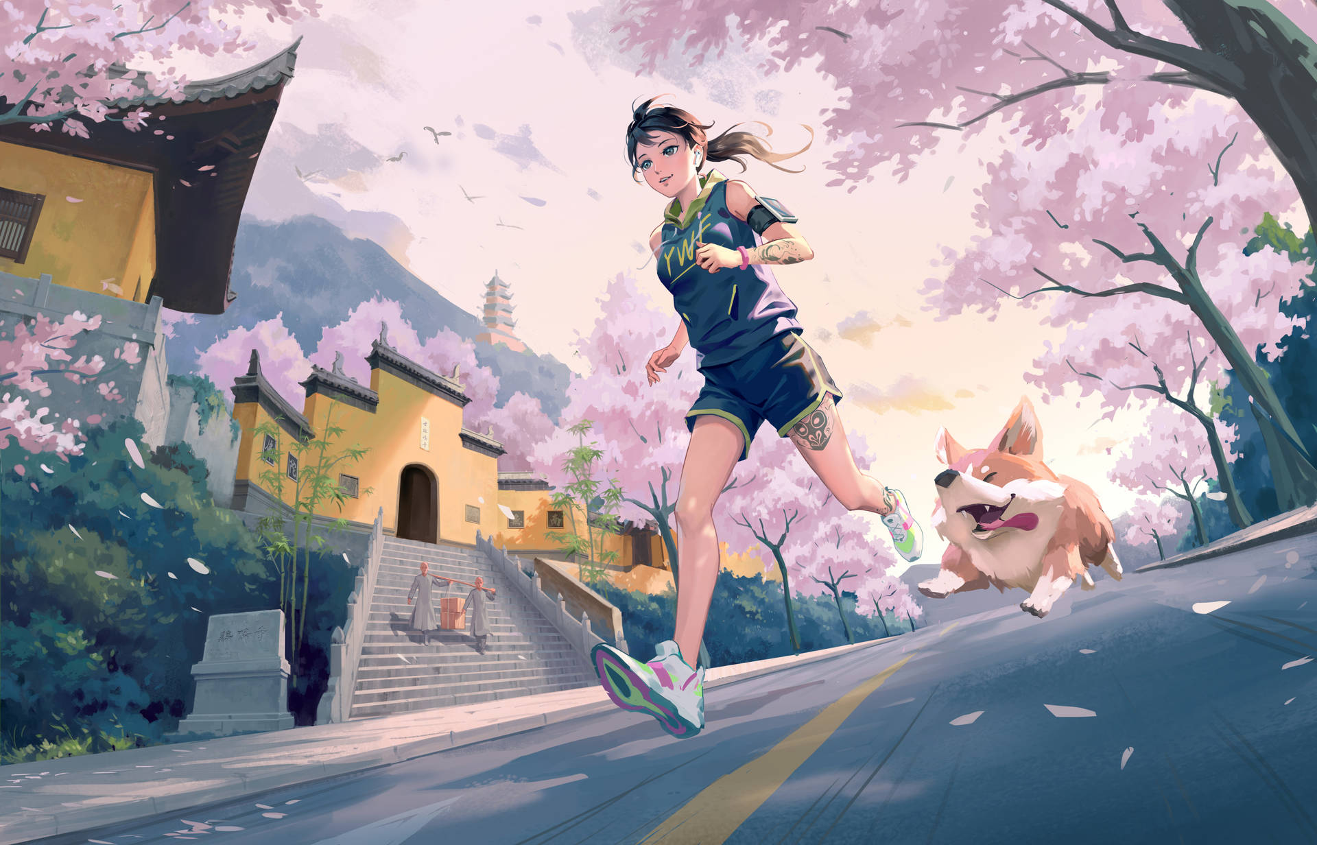 女子和柯基犬在櫻花下奔跑，靠近寺廟