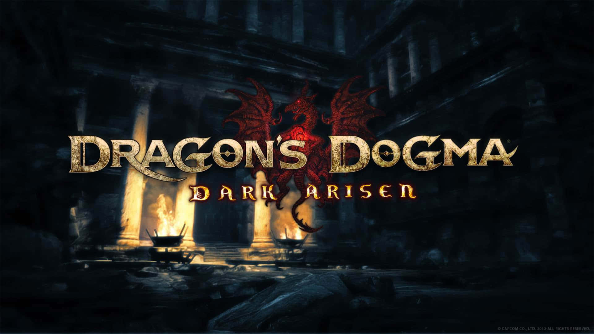 Dragon's Dogma Dark Arisen 遊戲標題，在石頭廢墟中有紅龍和火炬。