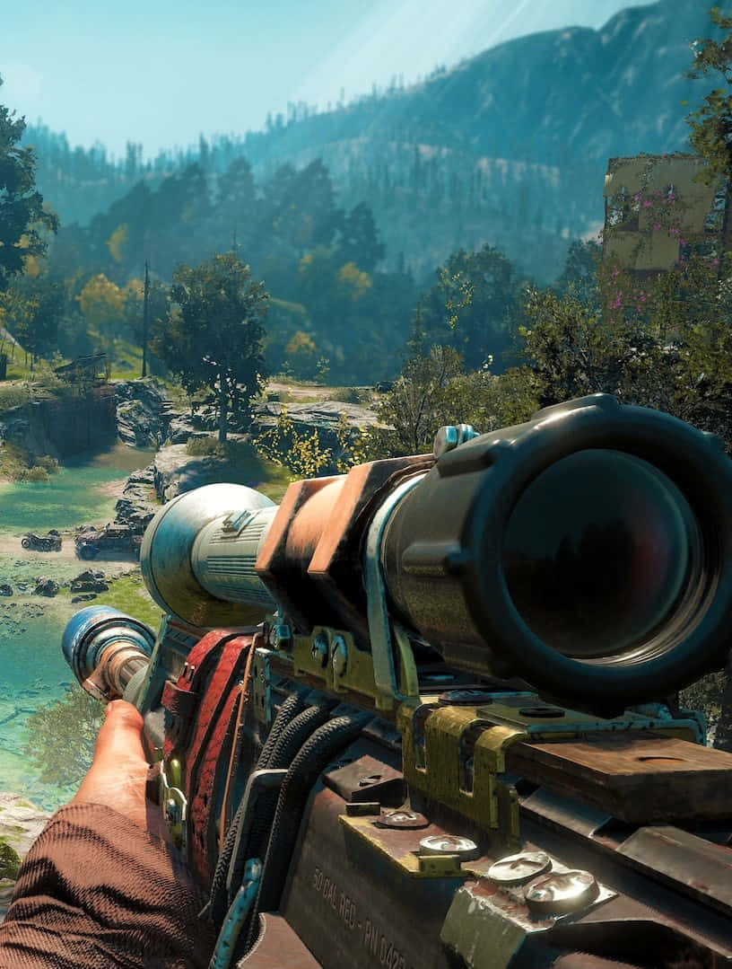 狙擊步槍背景：Far Cry New Dawn Pixel 3 壁紙 — 第一人稱視角，一把堅固的瞄準武器瞄準著陽光照耀的河谷，兩旁是森林覆蓋的山丘和遠處的廢墟。