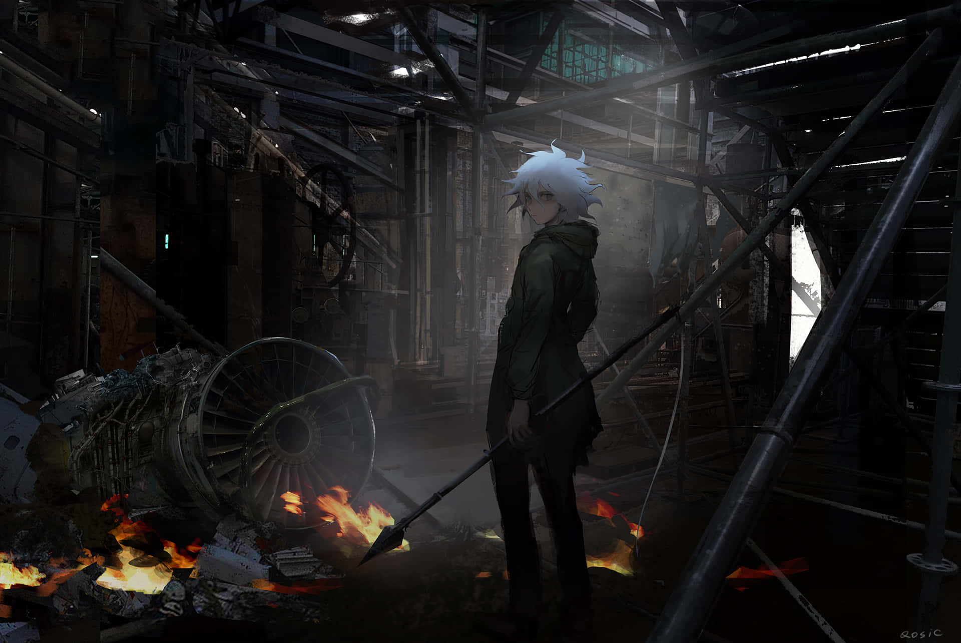 狛枝凪斗倉庫Danganronpa頭像 壁紙 — 一個白髮動漫角色站在黑暗的工業廢墟中，手持長矛，小火焰在殘骸中燃燒。