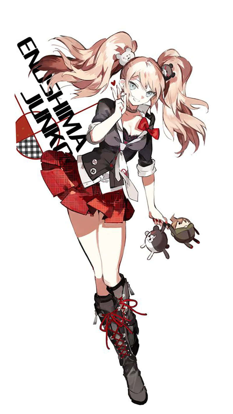 狛枝凪斗姓名Danganronpa頭像 壁紙 — 粉紅色雙馬尾的動漫女孩穿著校服，抱著毛絨玩具和格子旗。