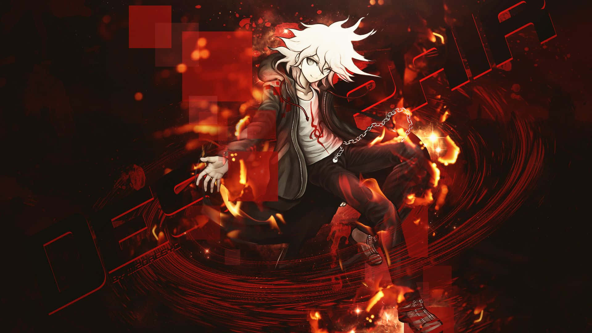 狛枝凪斗絕望Danganronpa頭像 壁紙 — 白髮、血跡斑斑襯衫的動漫角色，被熾熱的紅色火焰和發光粒子包圍。
