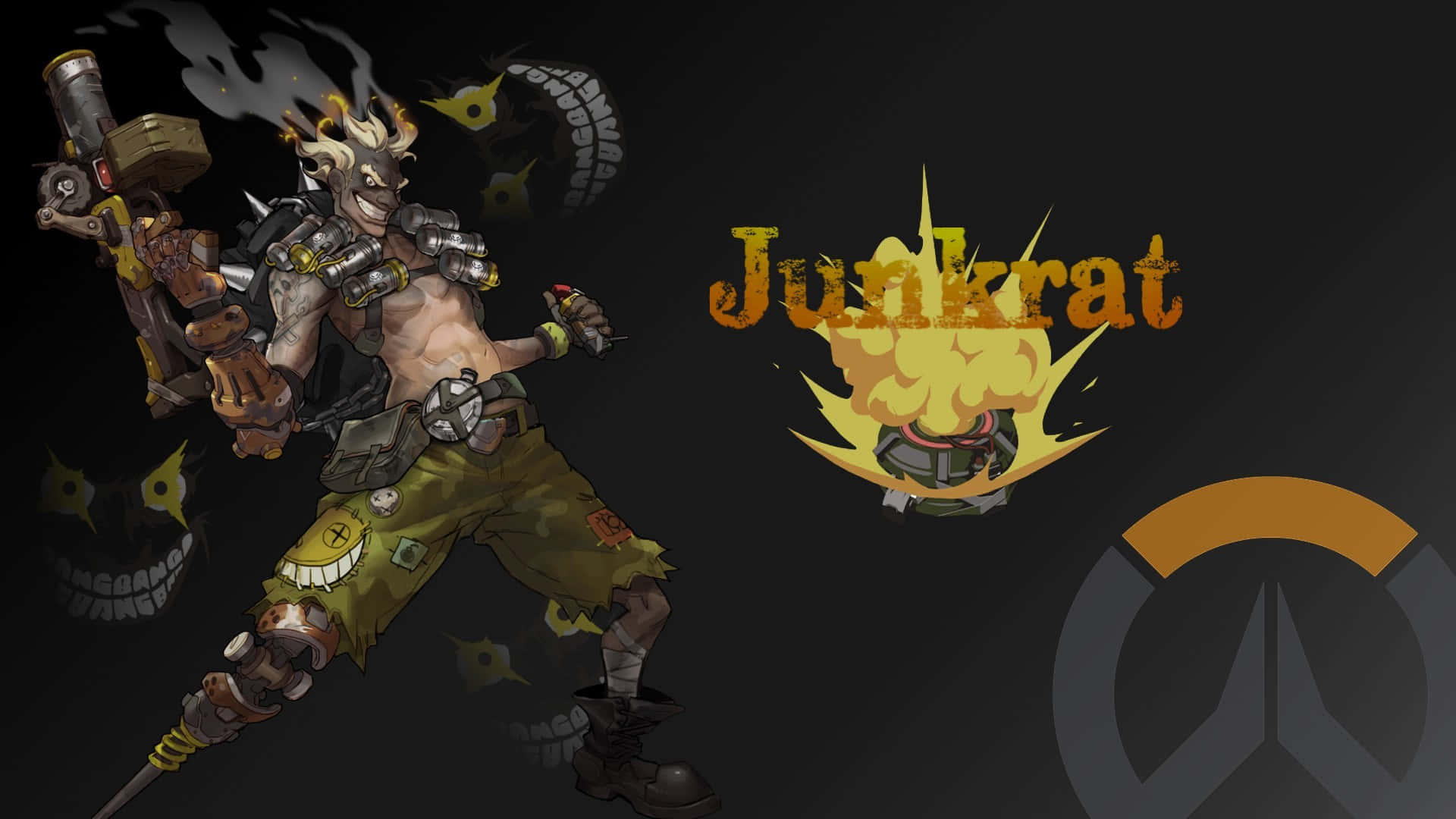 遊戲角色Junkrat，帶有爆炸性武器和火焰標誌，背景為黑色。