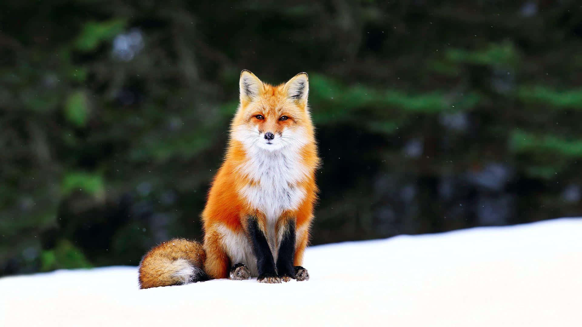 狡黠又酷炫的紅狐 壁紙 — 一隻鮮豔的紅狐警覺地坐在雪坡上，背後是冬天模糊的深綠色樹木。