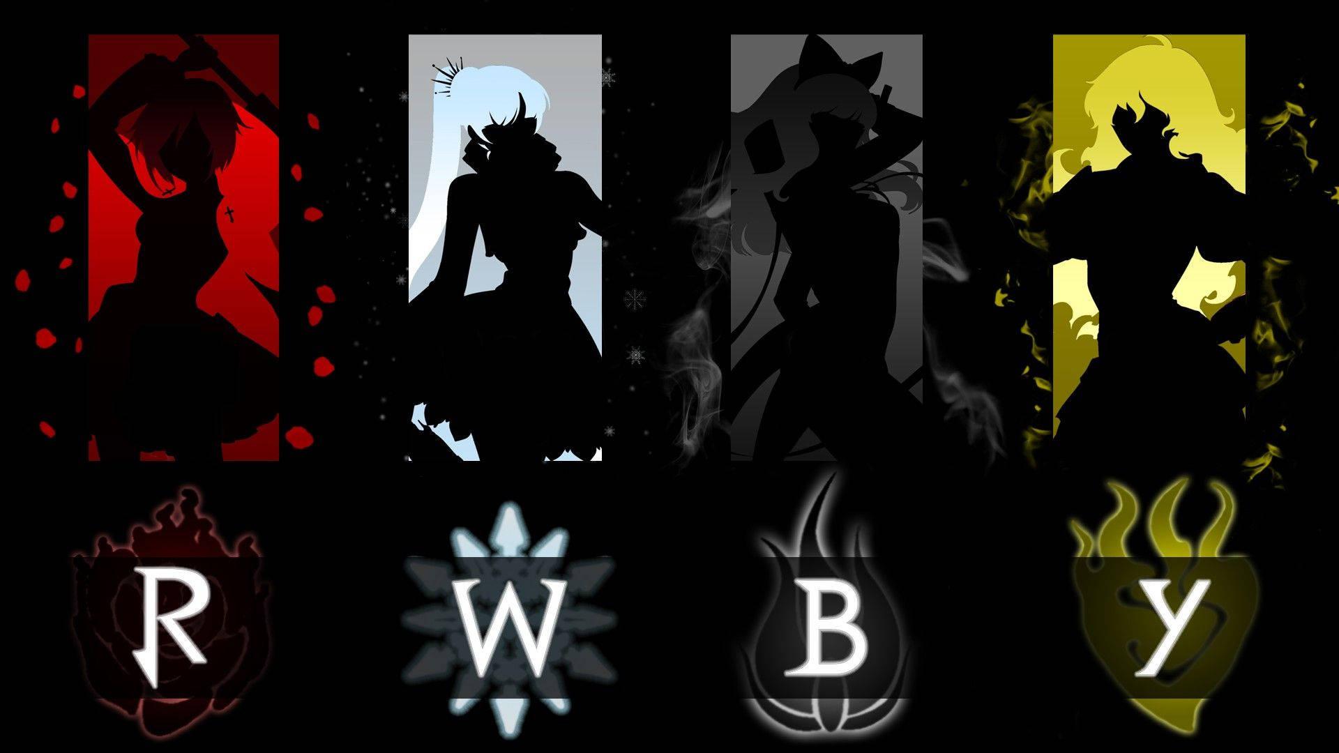 動漫角色剪影，背景為彩色，下方有 RWBY 字母。