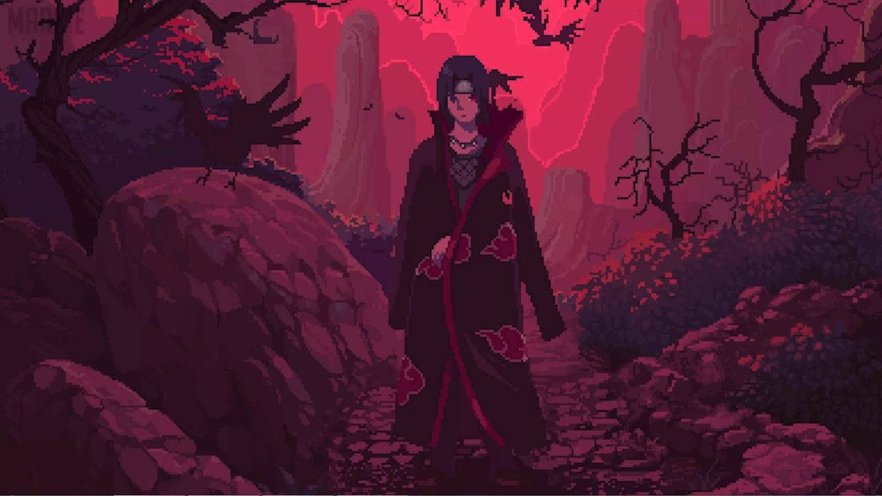 独行伊邪那岐 iPhone壁纸 壁紙 — 一個穿著紅色雲朵斗篷的像素藝術忍者，莊嚴地站在一條岩石小徑上，背景是血紅色的天空、光禿禿的樹木和遙遠的懸崖。
