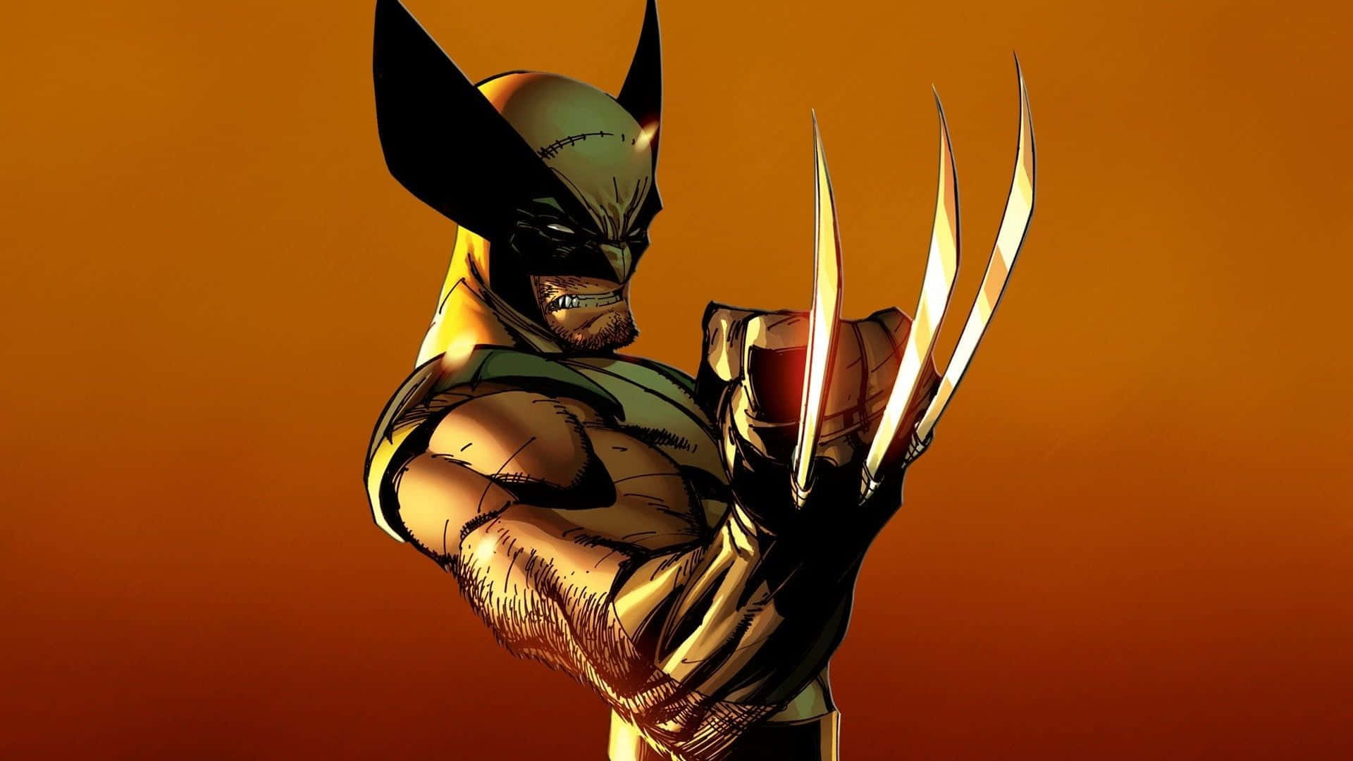 Adamantium 桌布 壁紙 — 狼人（Wolverine）以兇猛的姿勢站立，爪子伸出，背景為溫暖的橙色漸變。