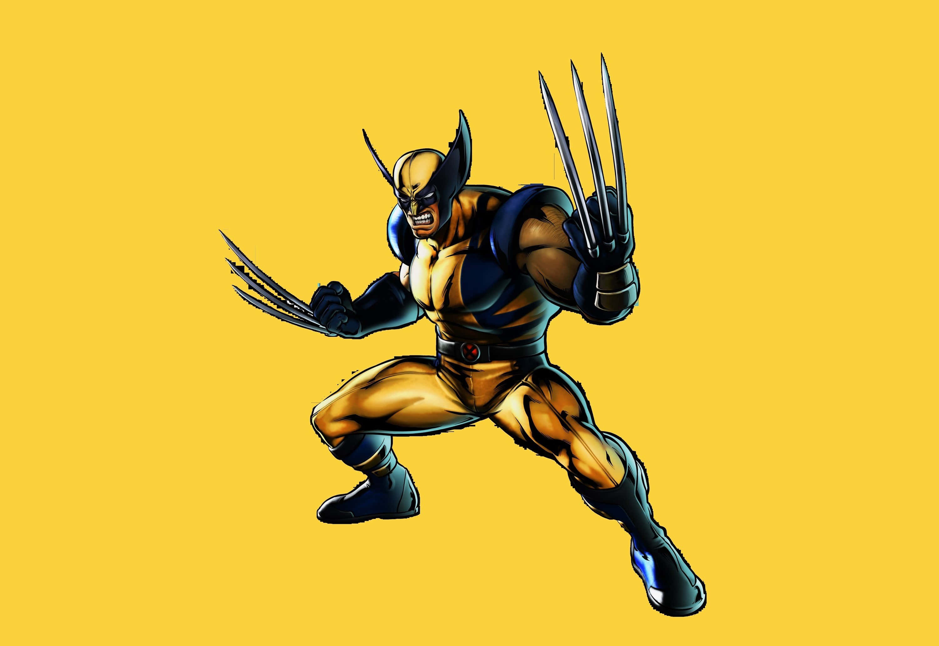 狼人 桌布 壁紙 — 狼人（Wolverine）以經典漫畫姿勢伸出利爪，背景為純黃色。