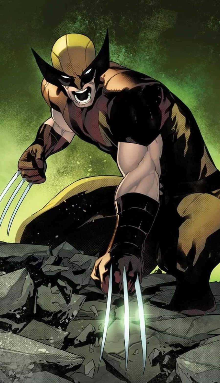 Adamantium 桌布 壁紙 — 狼人（Wolverine）在破碎的石頭上咄咄逼人地蹲伏，發光的爪子伸出，背景是綠色煙霧繚繞。