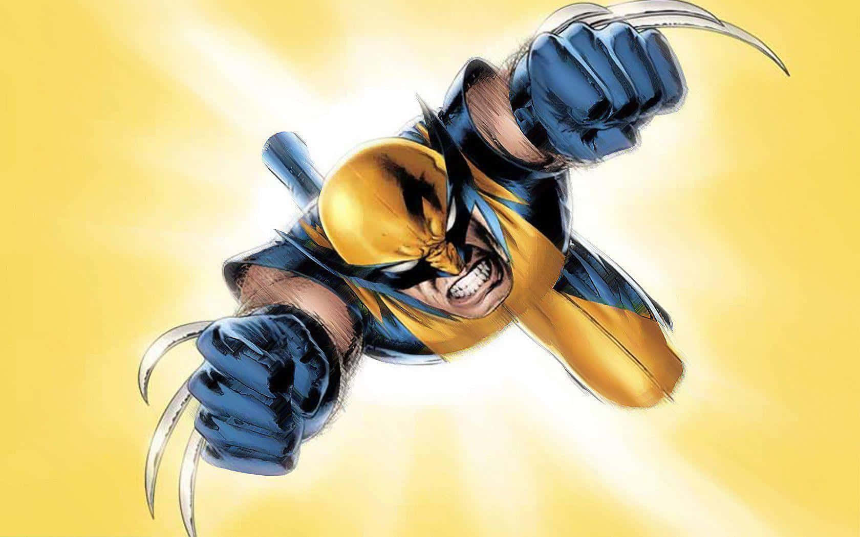 Adamantium 桌布 壁紙 — 狼人喺耀眼黃色背景前伸出利爪向前躍進，呈現動感漫畫藝術風格。