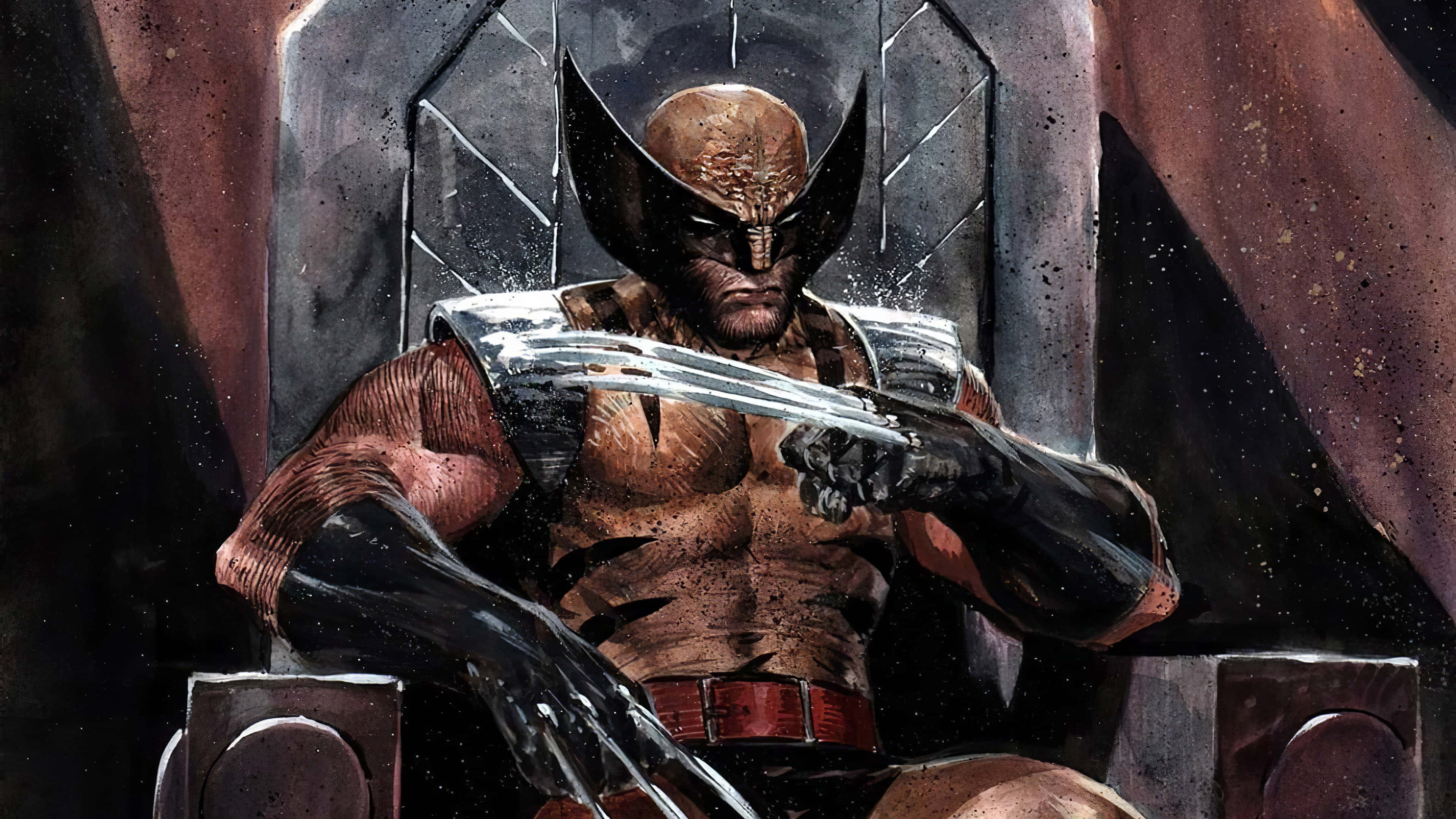 Adamantium 桌布 壁紙 — 狼人坐在王座般的椅子上，伸出利爪，戴著標誌性面具和亞德曼金屬爪，呈現 gritty 漫畫風格。