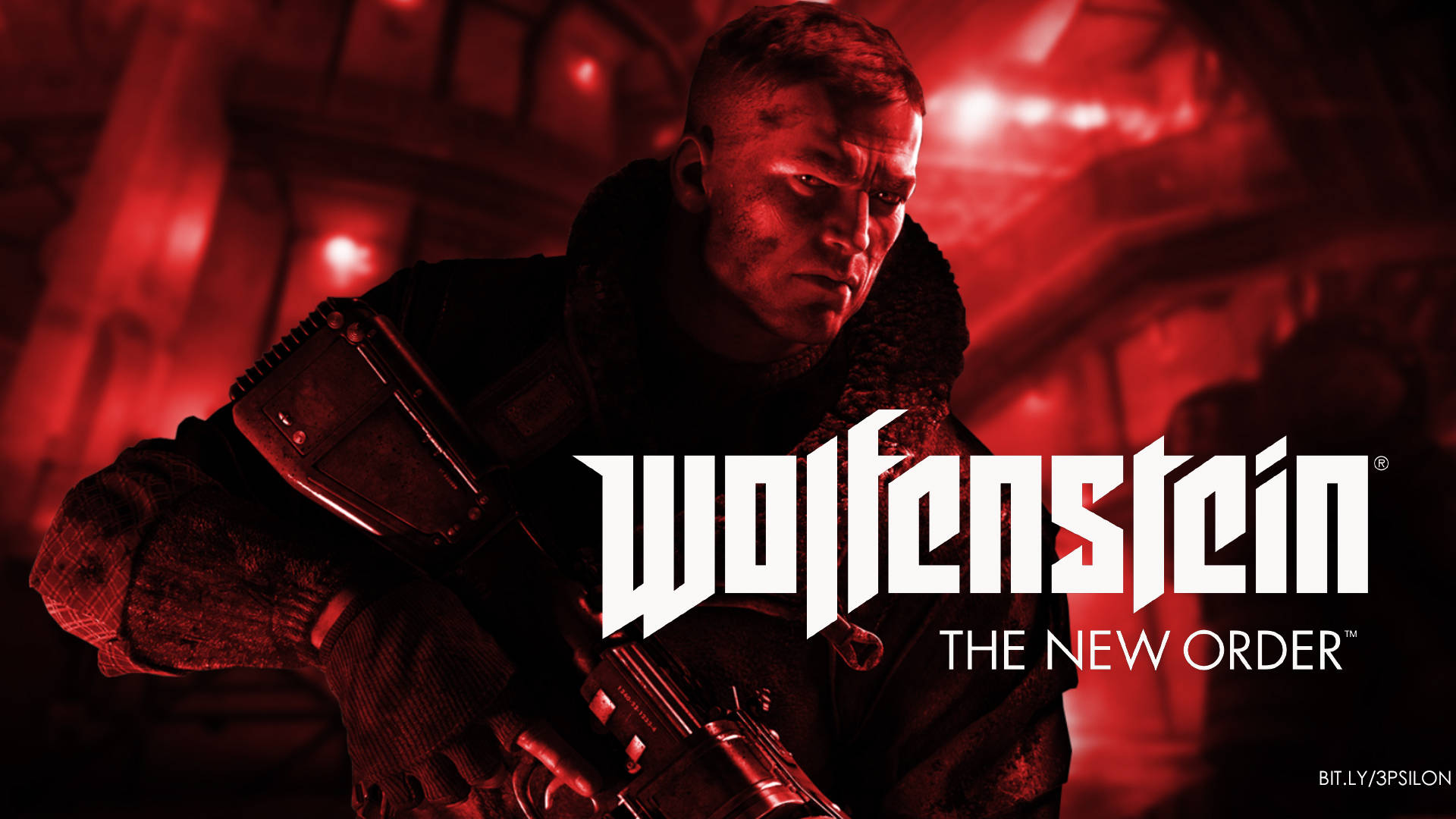 士兵在紅色燈光的反烏托邦遊戲場景《Wolfenstein The New Order》中手持步槍。