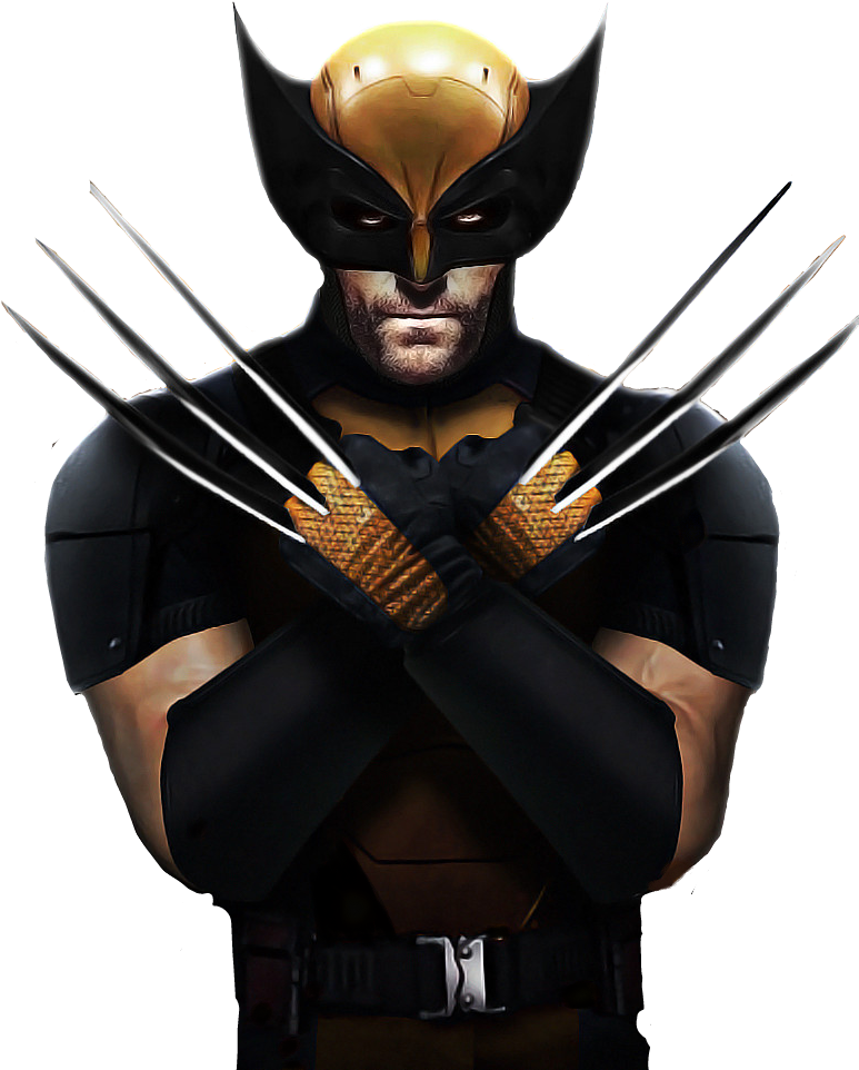 狼人漫畫角色姿勢 壁紙 — 狼人（Wolverine）以兇猛的姿勢站立，爪子伸出，背景為黑色，戴著標誌性的面具和裝甲服。