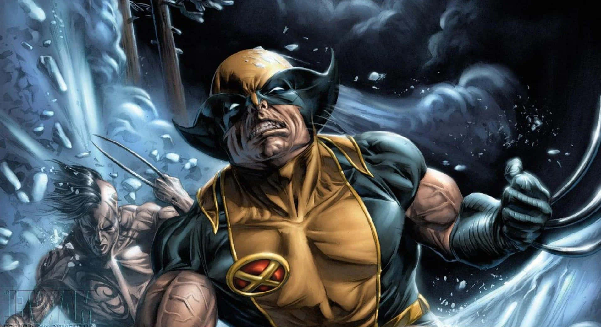Adamantium 桌布 壁紙 — 狼人穿著黃黑色 X-Men 戰衣，在碎裂的冰塊和瓦礫中咆哮，構成動態漫畫動作場景。