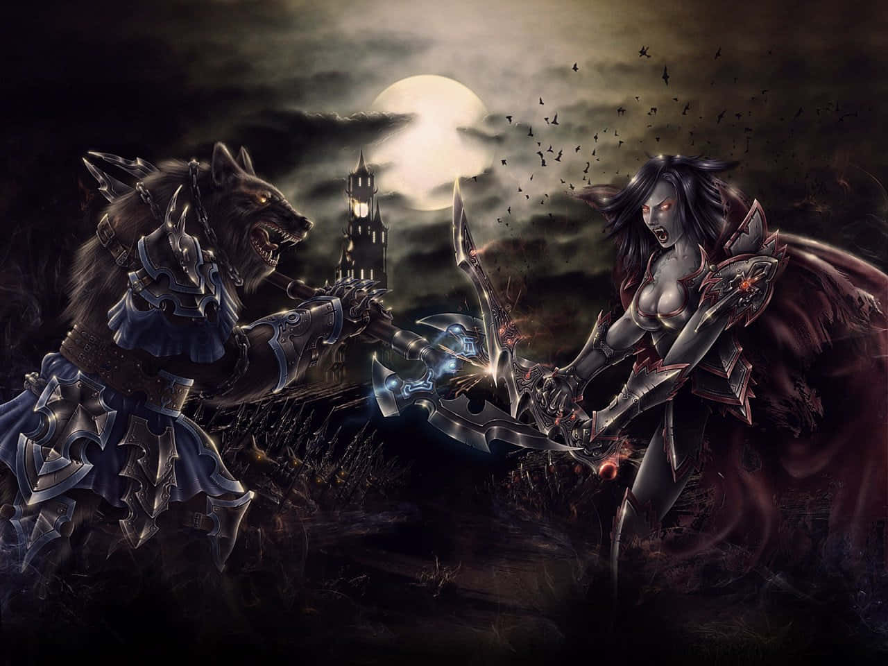 狼人 桌布 壁紙 — 狼人與惡魔女子在滿月下穿著華麗盔甲交鋒，背景是陰鬱的哥德式塔樓。