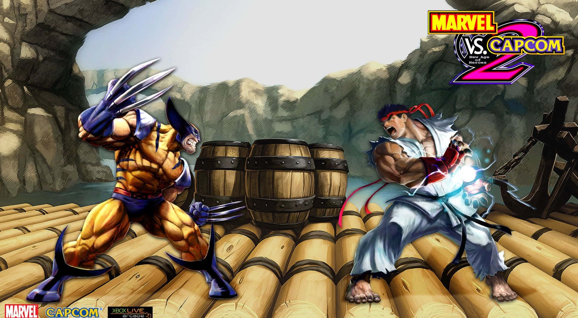 Marvel Vs Capcom 桌布 壁紙 — 狼人與隆在竹木上以動態戰鬥姿勢交鋒，背景有木桶和岩石峭壁。