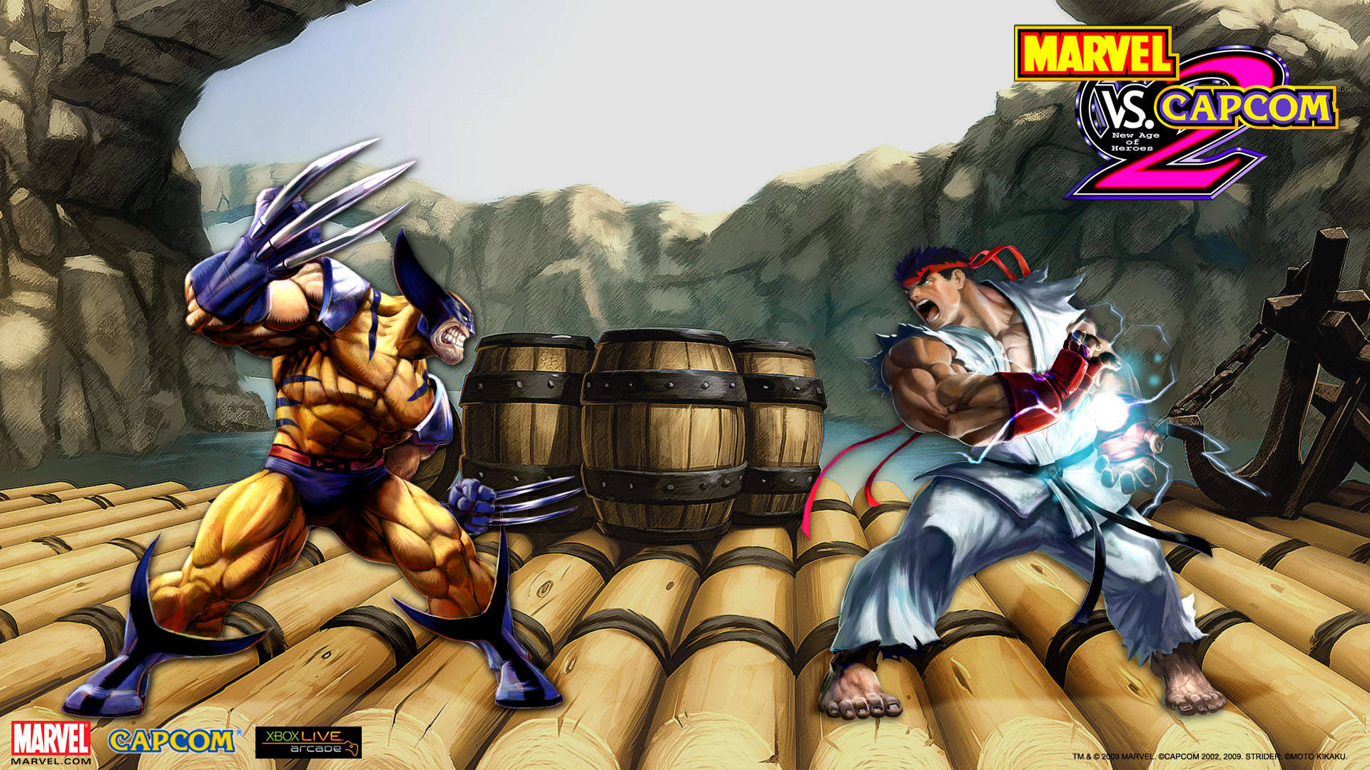 Capcom Ryu Vs. Marvel Wolverine 壁紙 — 狼人與龍在佈滿岩石的競技場中碰撞，場地有木桶和竹地板，在明亮的日光下。
