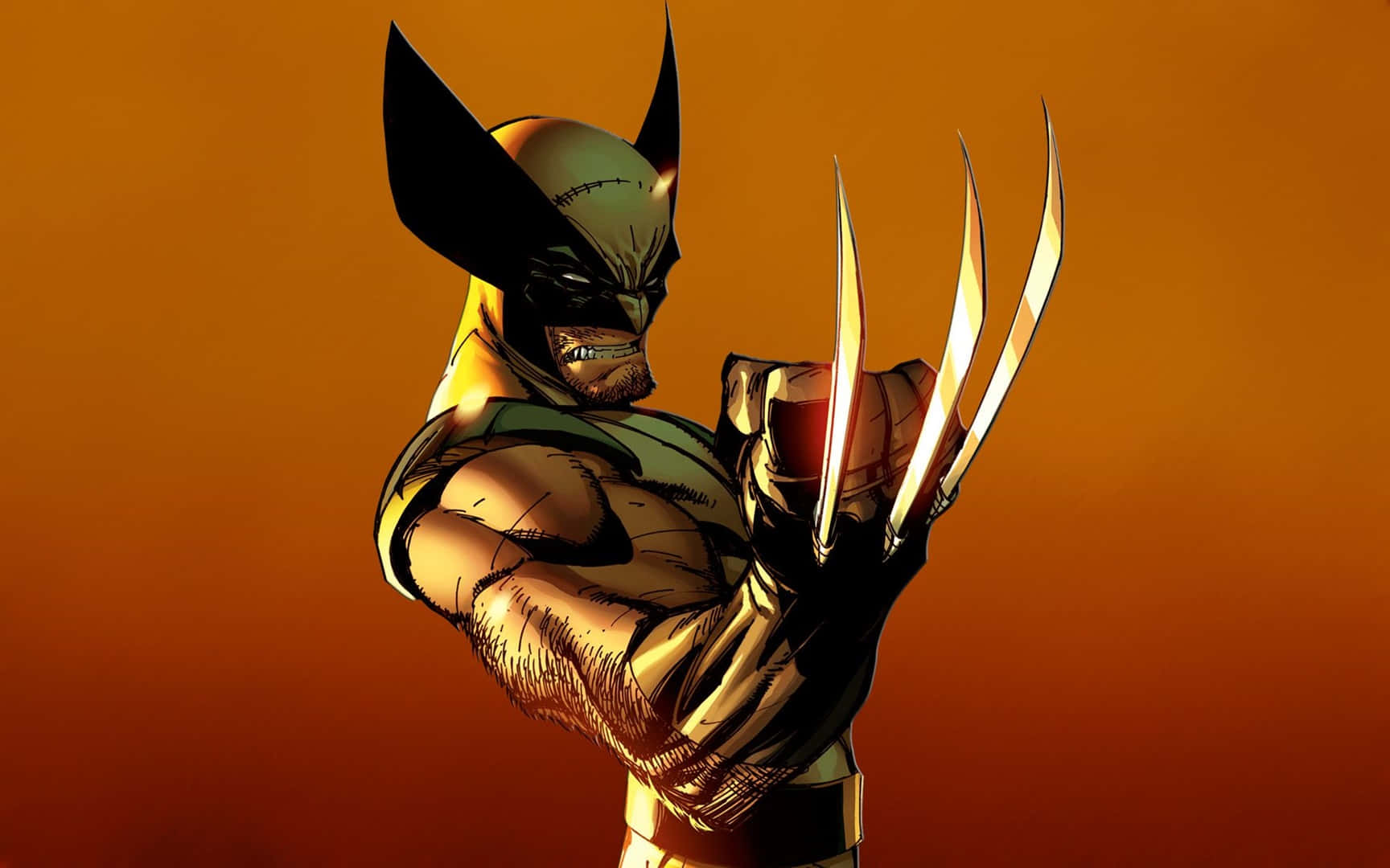狼人（Wolverine）在橙色背景下以戰鬥姿勢伸出爪子。