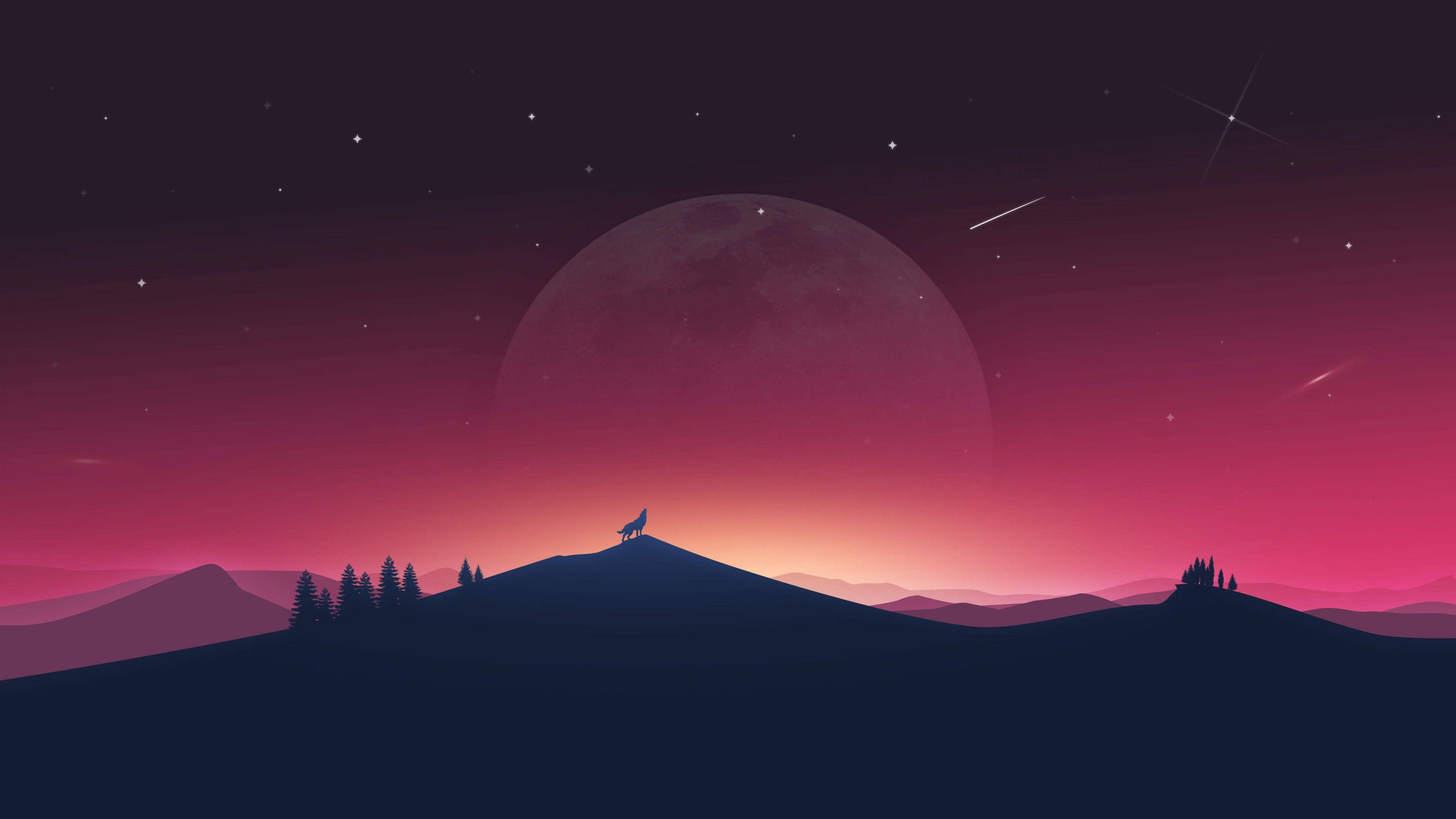 狼嚎月夜與流星 壁紙 — 一頭孤狼站在山脊上，下方是巨大的發光月亮和流星，背景是超現實的暮色天空。