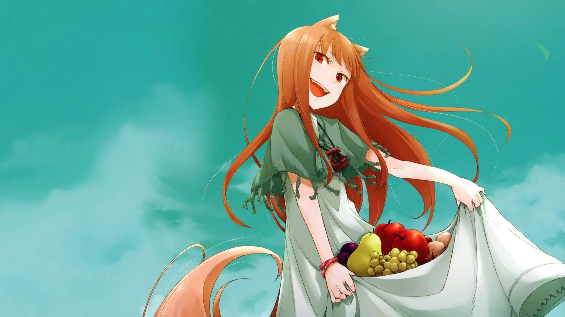 狼女與水果插畫 壁紙 — 擁有狐狸耳朵和長長橙色頭髮的動漫女孩微笑著，在青綠色的天空下抱著一個裝滿彩色水果的袋子。