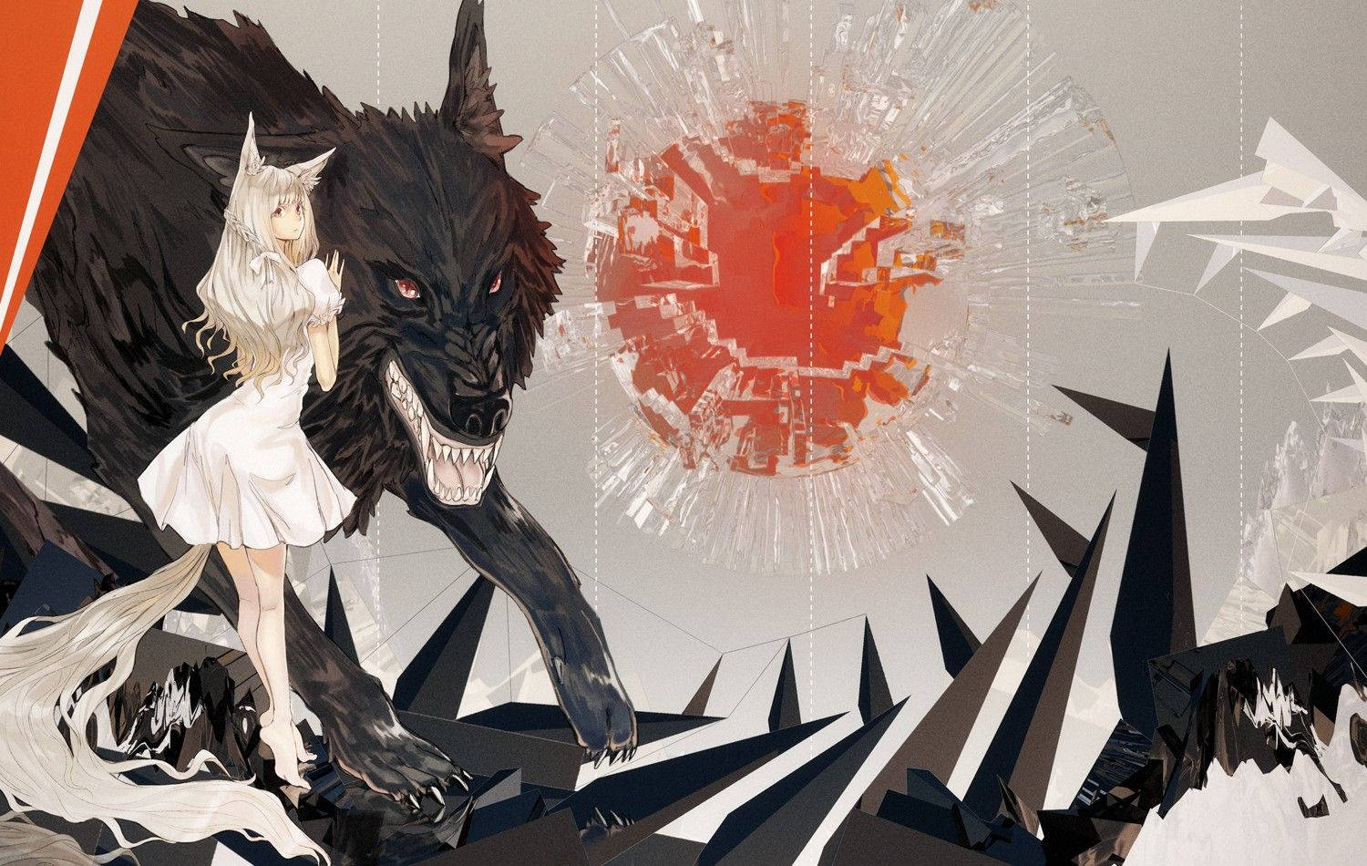 狼女與黑獸 壁紙 — 一位白髮動漫女孩站在一隻巨大的黑狼旁邊，背景是破碎的橙色太陽和鋸齒狀的幾何景觀。