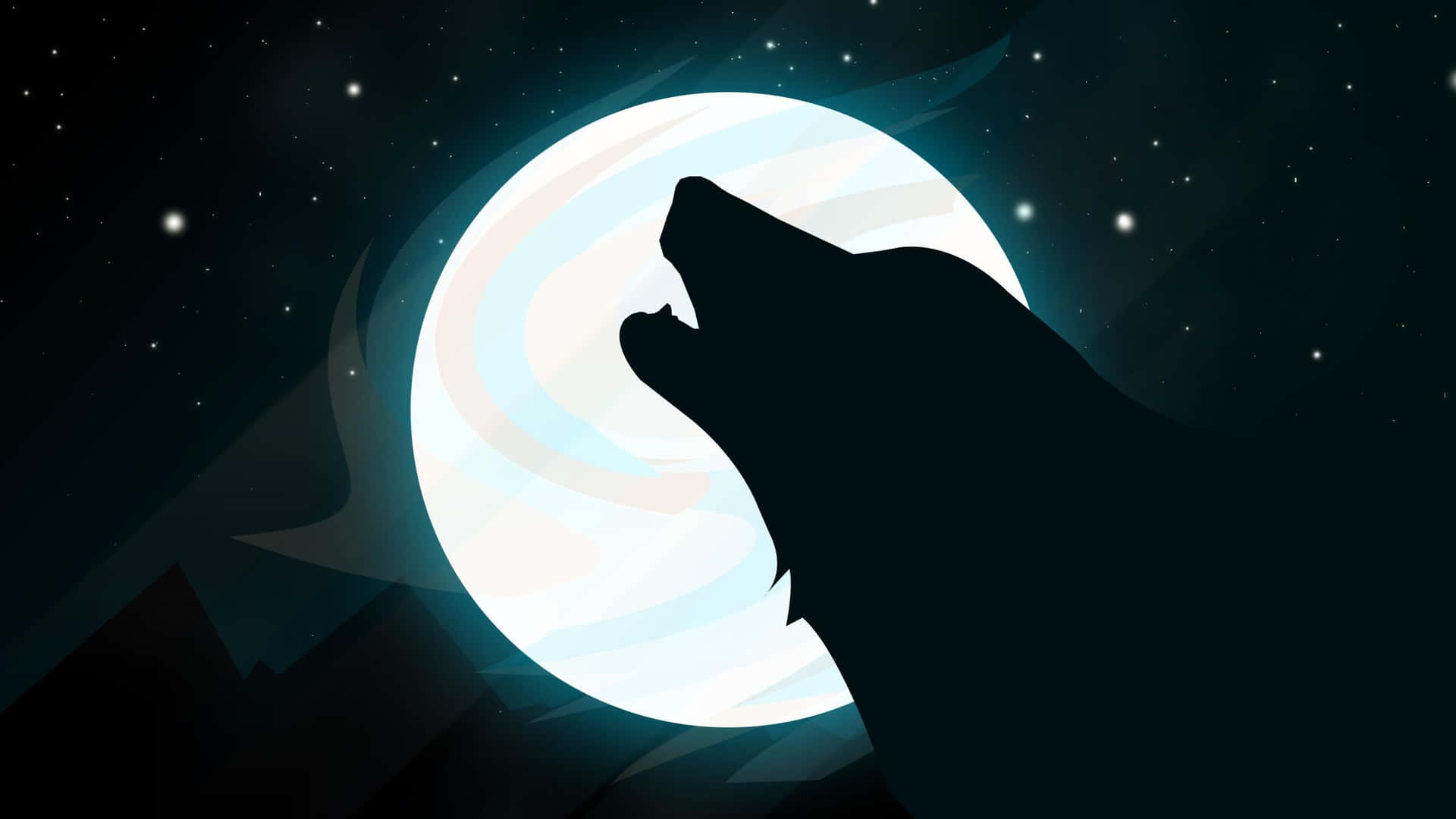 在繁星點點的夜空下，狼對著月亮嚎叫。