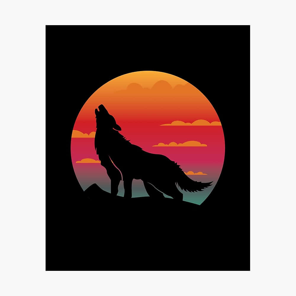 Wolf Silhouette 桌布 壁紙 — 狼的剪影在懸崖頂上嚎叫，背景是充滿活力的圓形日落，帶有橙色、粉紅色和藍綠色的漸變。