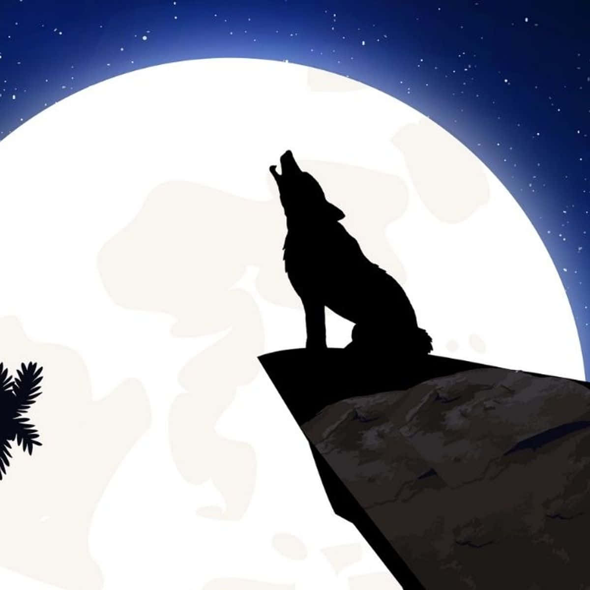 Wolf In Mountains 桌布 壁紙 — 狼的剪影在懸崖頂上對著巨大的月亮和星空嚎叫。