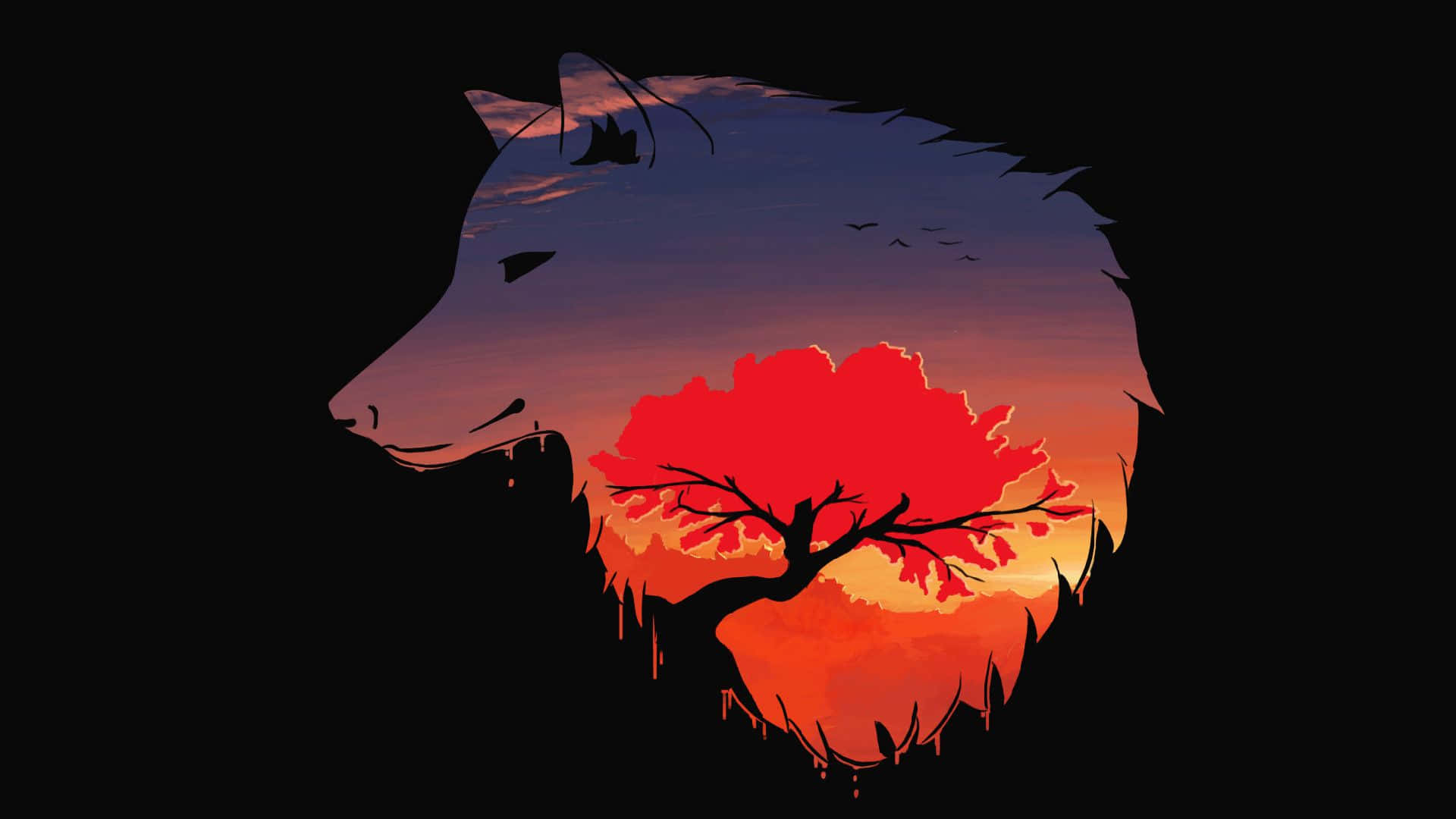 Wolf Minimalist 桌布 壁紙 — 狼的剪影框住一棵火紅的樹，背景是暮色天空，鳥兒在頭頂飛翔。