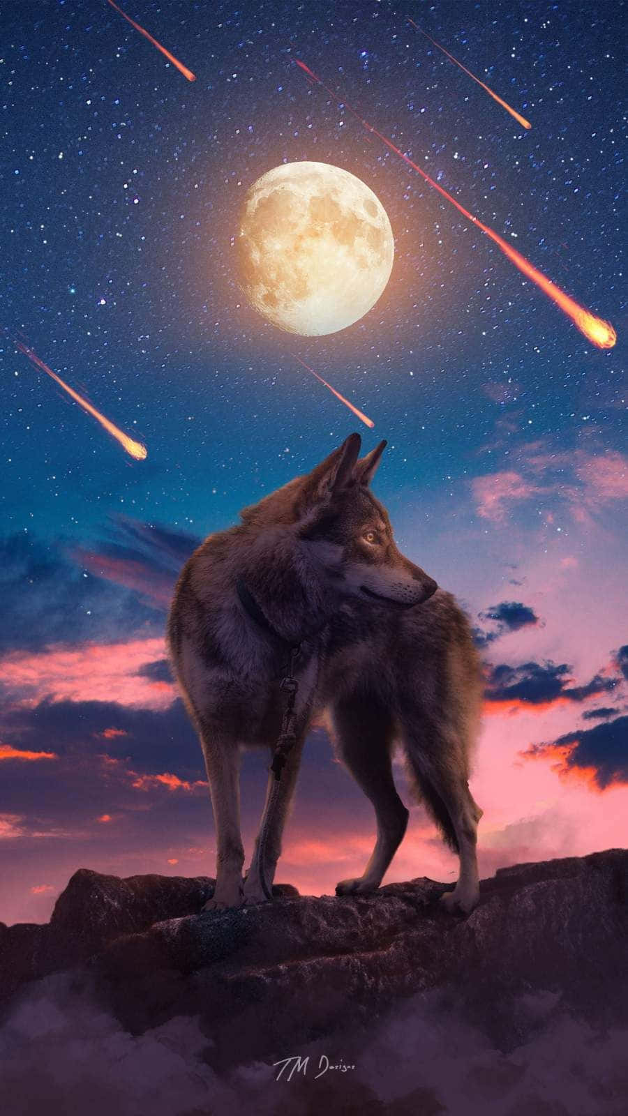 狼在峭壁上觀看流星在滿月下墜落