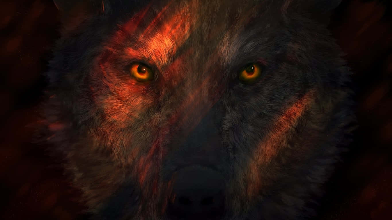 Red Wolf 桌布 壁紙 — 狼的強烈面孔特寫，被火橙色光照亮，背景黑暗。