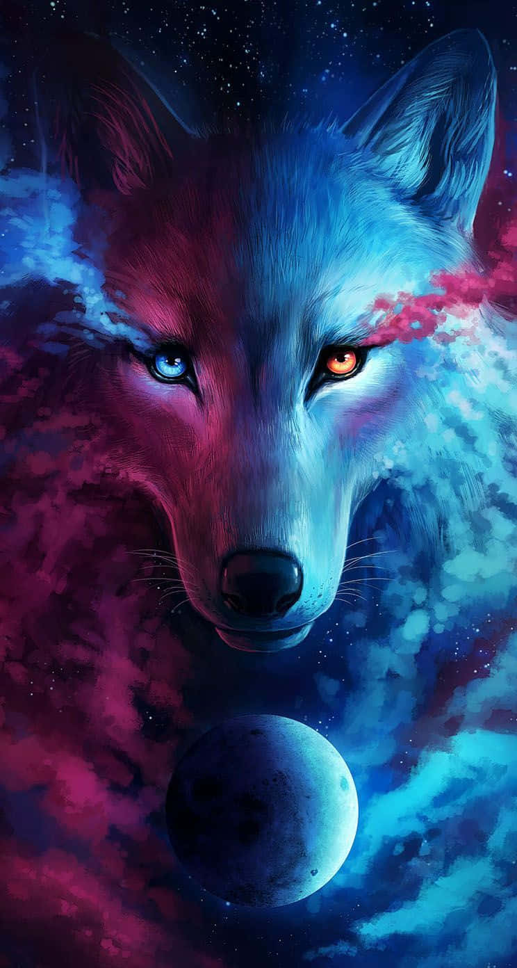 狼在彩色星雲和月亮前，眼睛顏色不同。
