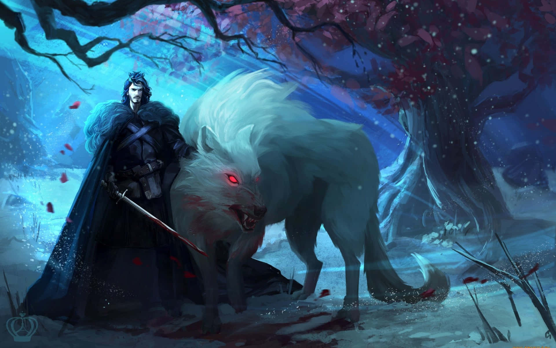 戰士持劍站在雪夜森林中，身旁是一隻眼睛發光的白狼。