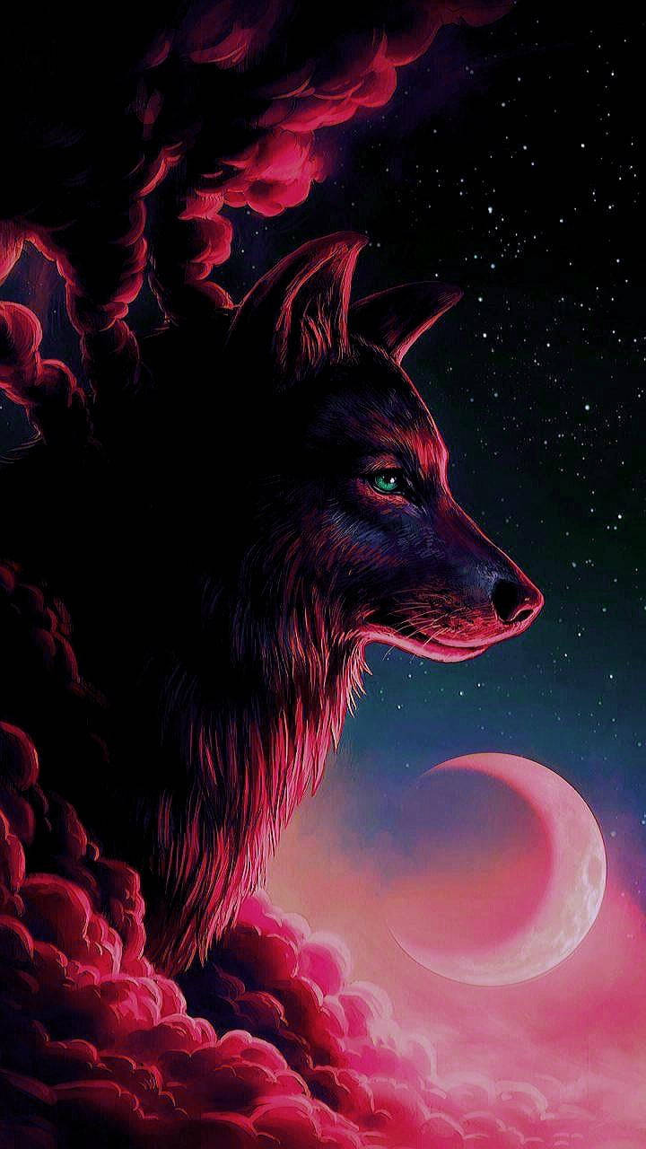 一頭眼睛發光的狼，在新月和星空下從粉紅色雲層中升起。