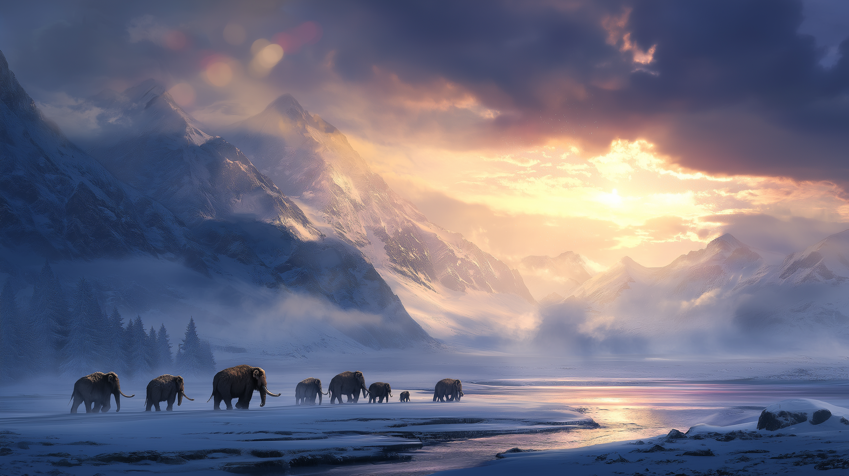 猛犸象遷徙 壁紙 — 一群長毛猛獁象在日出時分，在積雪覆蓋的山脈下走過冰凍的平原。