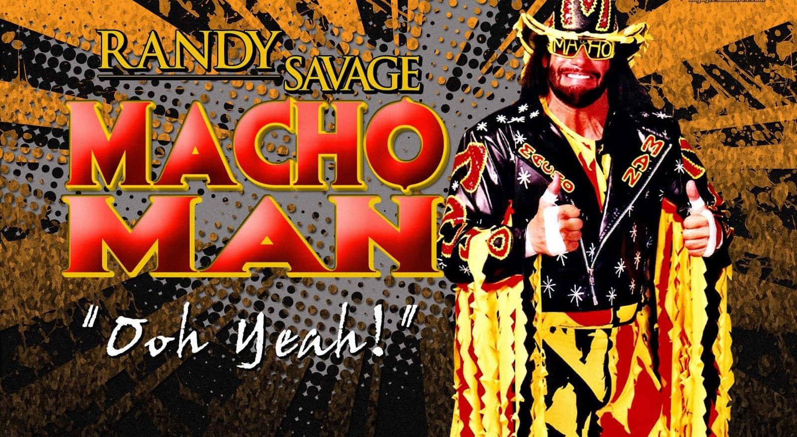 摔角手 Randy Savage 身穿色彩繽紛的服裝豎起兩個大拇指。