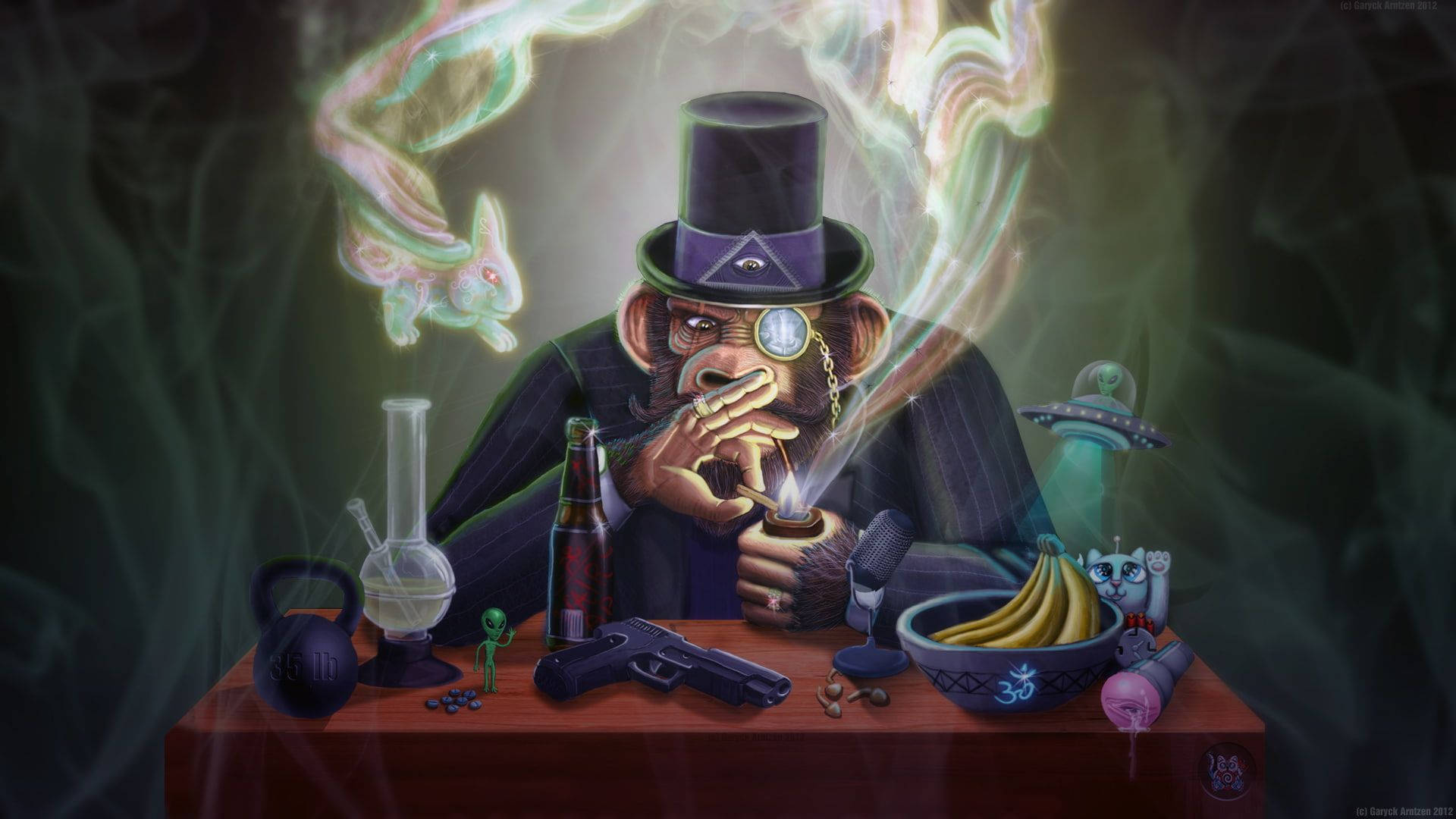 一隻戴著高帽的猴子抽著煙，被神秘發光的生物和奇怪的物體包圍。