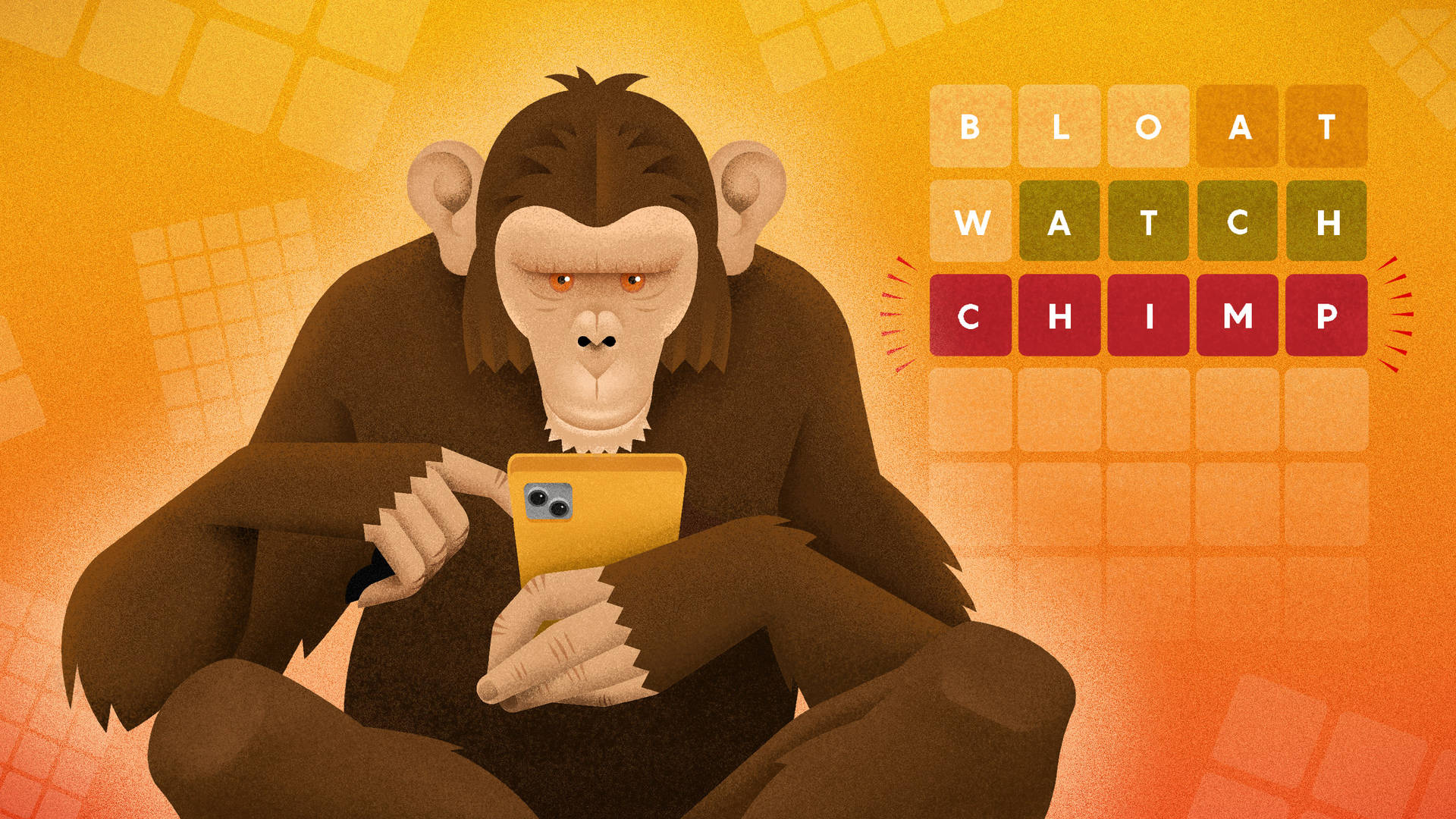 黑猩猩手持智能手機，背景有「BLOAT WATCH CHIMP」字母瓷磚。