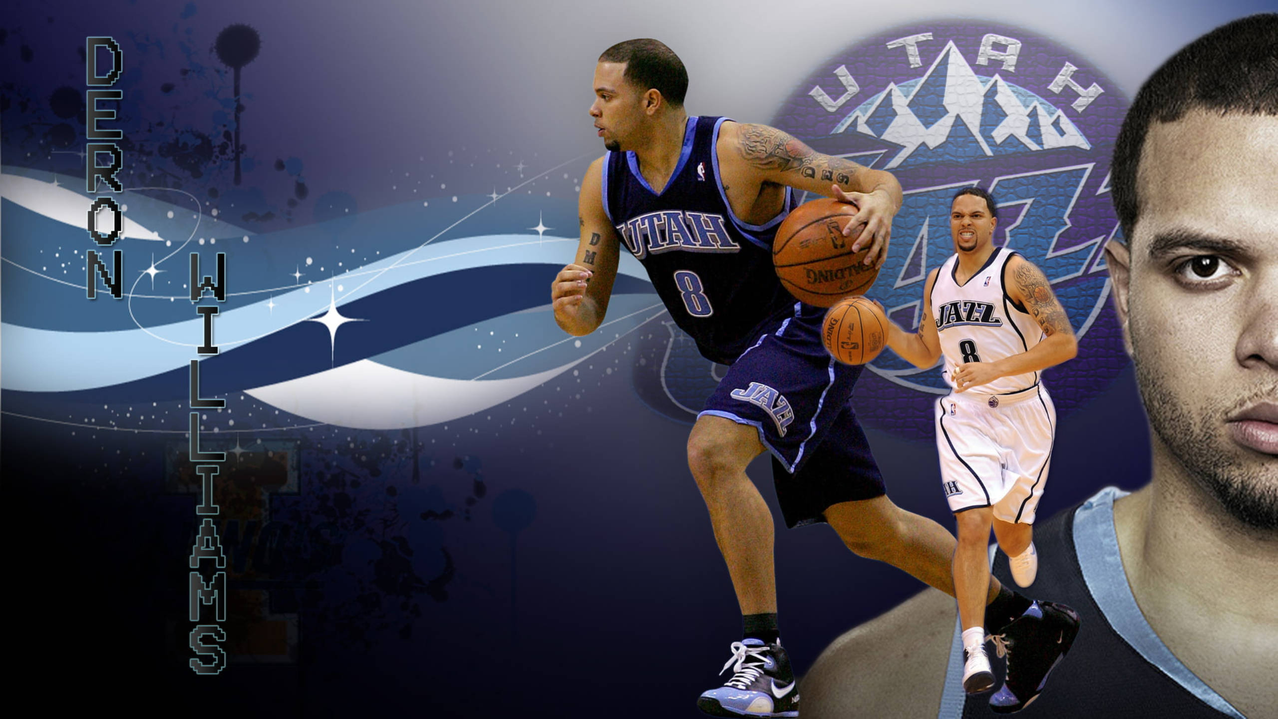 猶他爵士隊德隆·威廉姆斯封面 壁紙 — Deron Williams 身穿猶他爵士隊球衣，在動態圖形和球隊標誌背景下運球。