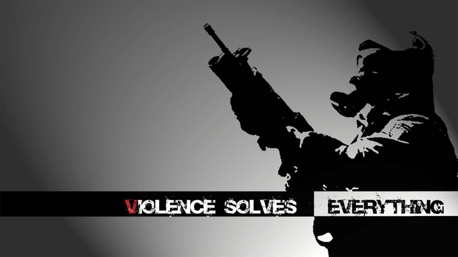 戴著防毒面具的士兵瞄準步槍，附有文字 violence solves everything。