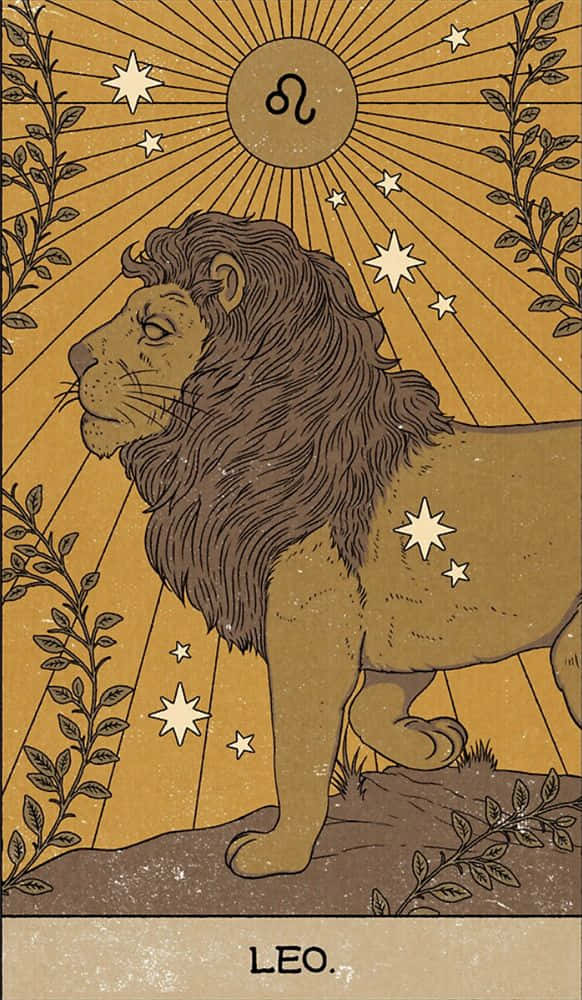 塔羅牌獅子座，描繪一頭獅子在太陽下，伴有星星和藤蔓。