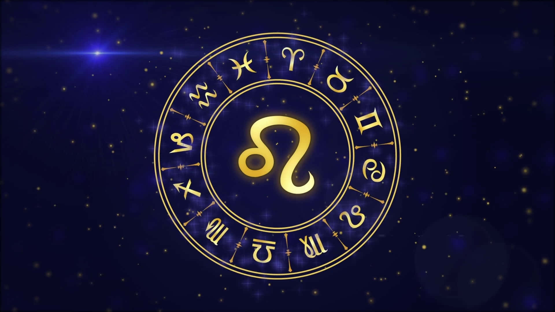 金色黃道輪，帶有獅子座符號，背景為繁星點點的夜空。